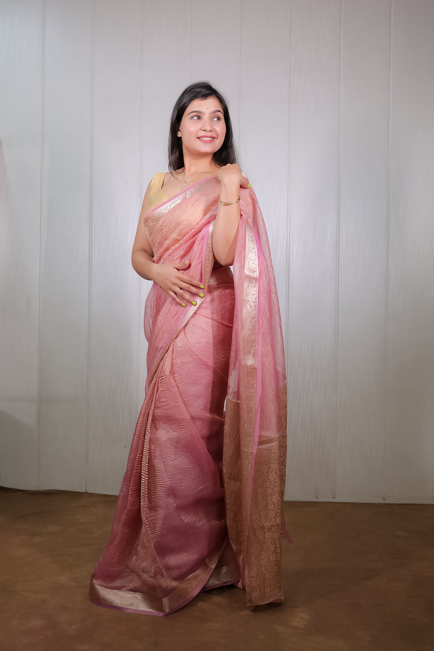 Crinkle Pink Gold Zari Tissue Saree