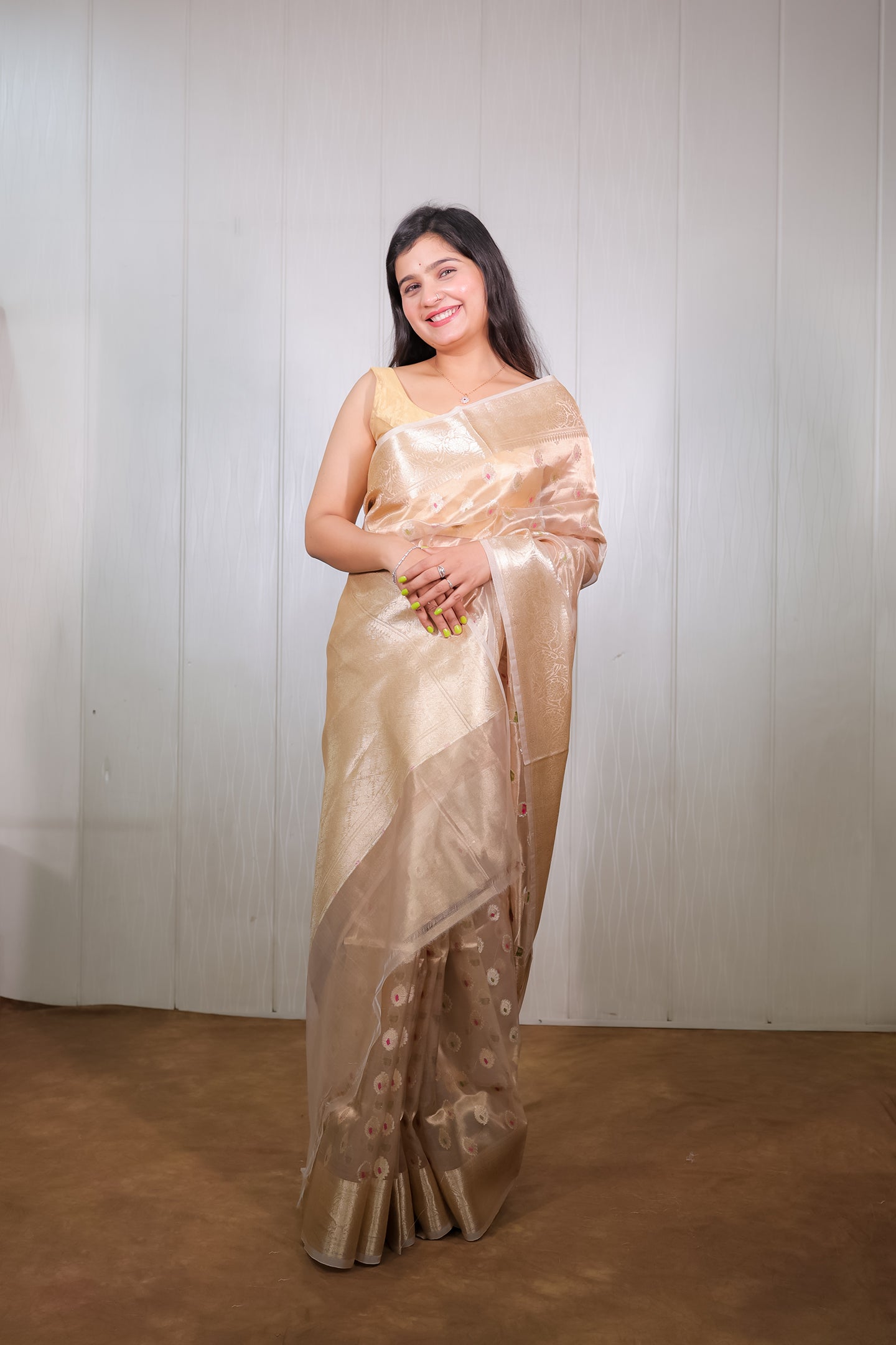Gold Tissue Colourful Booties Saree