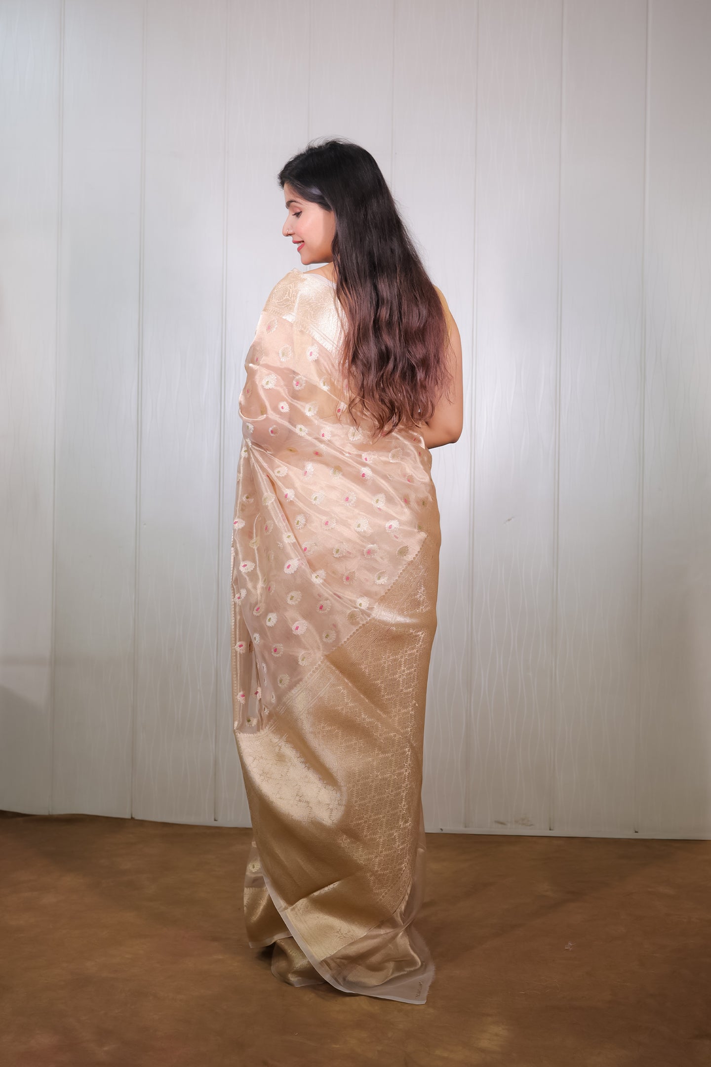 Gold Tissue Colourful Booties Saree