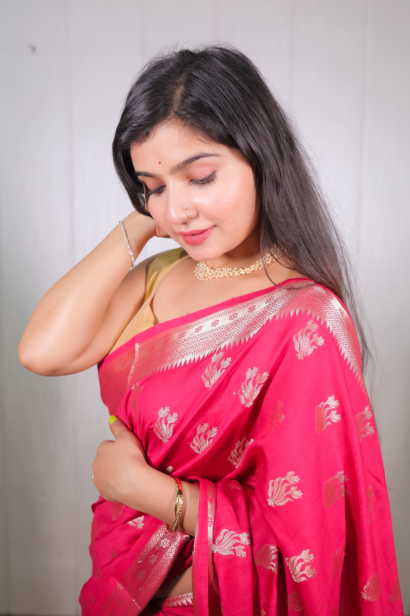 Raspberry Chiniya Silk Saree