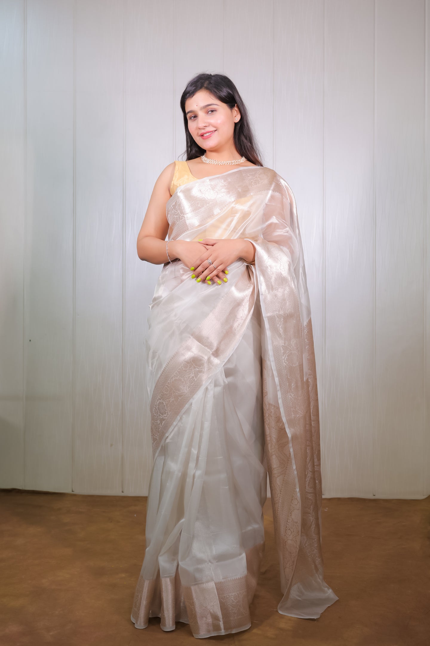 Silver and Rose Gold Tissue Saree