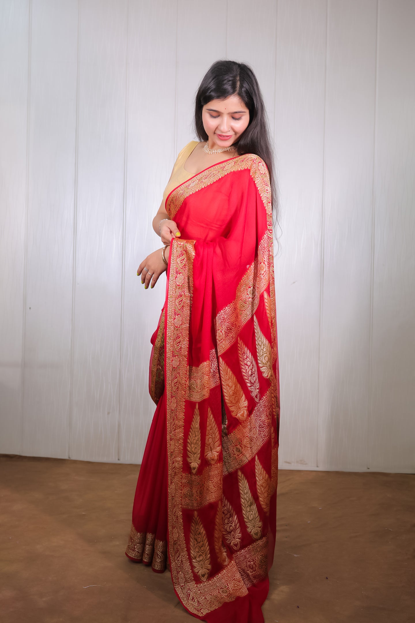 Red Banarasi Khaddi Chiffon