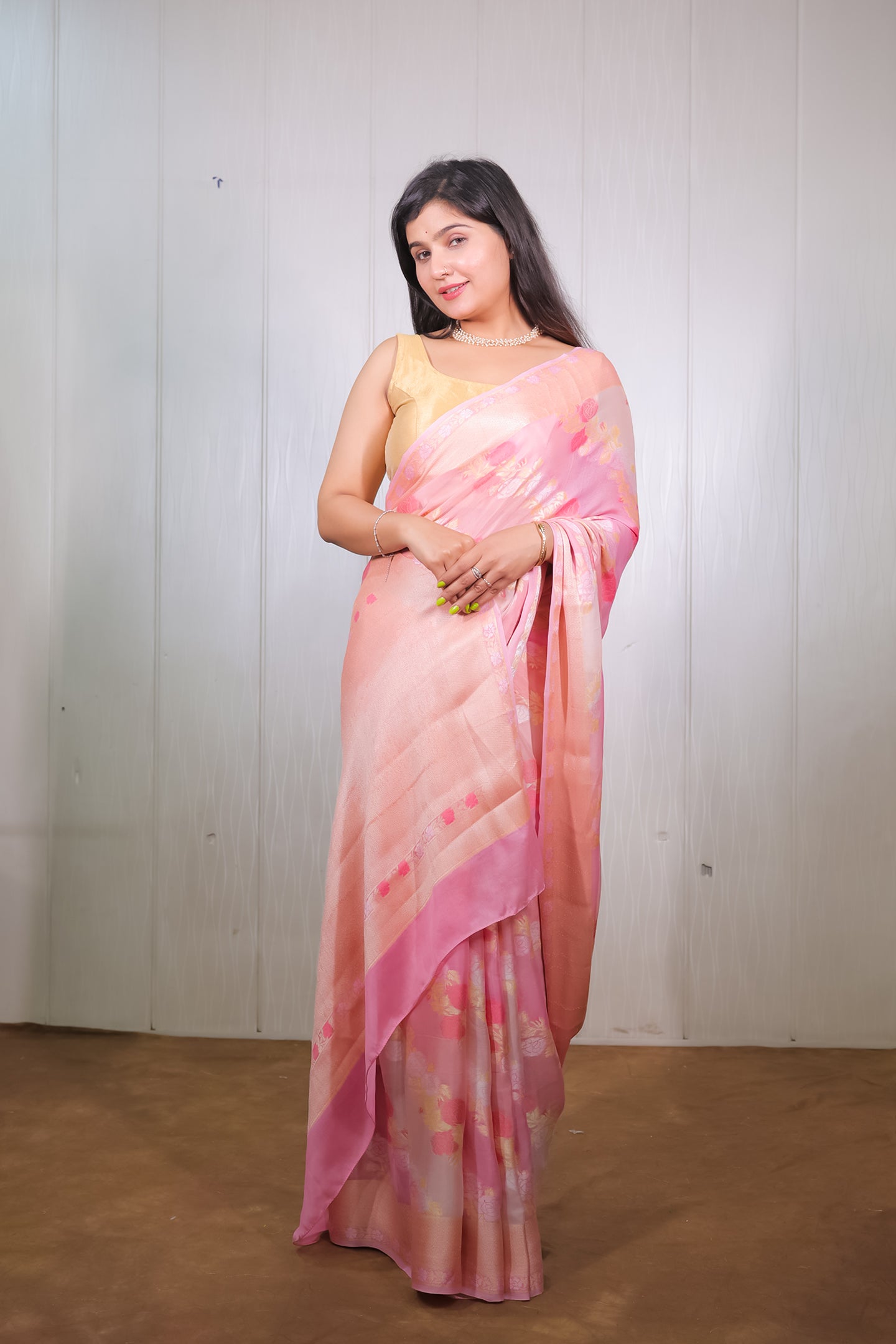 Pink Banarasi Khaddi Chiffon