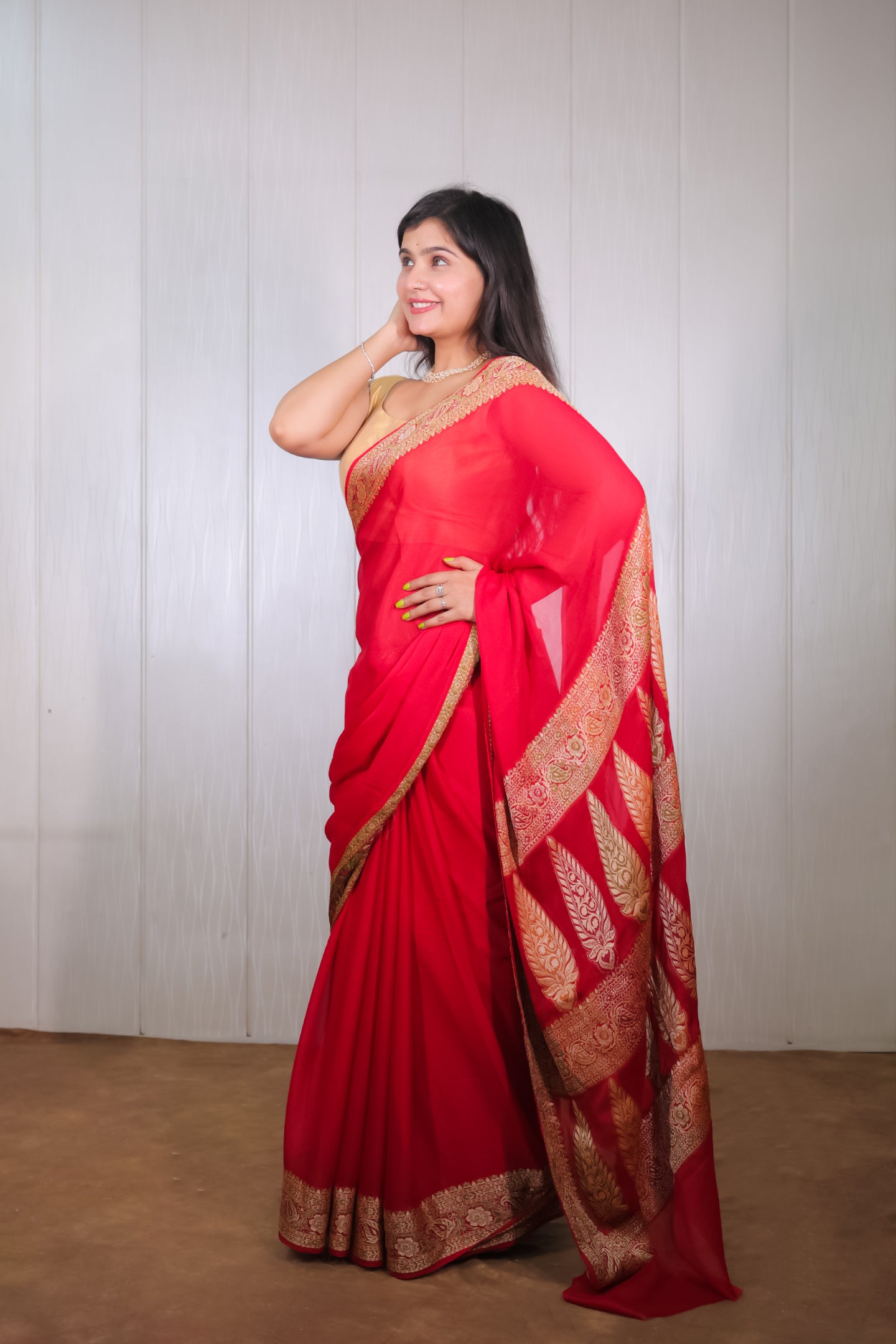 Red Banarasi Khaddi Chiffon