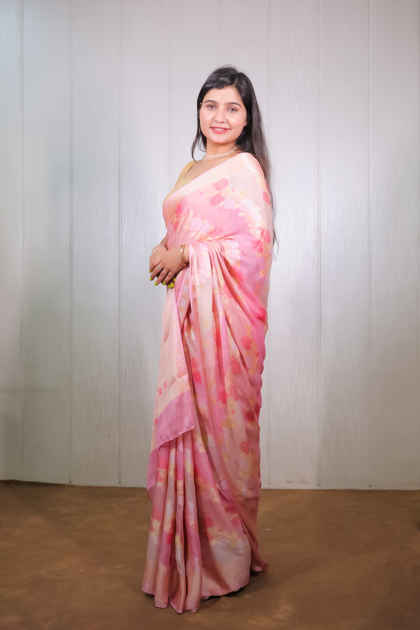 Pink Banarasi Khaddi Chiffon