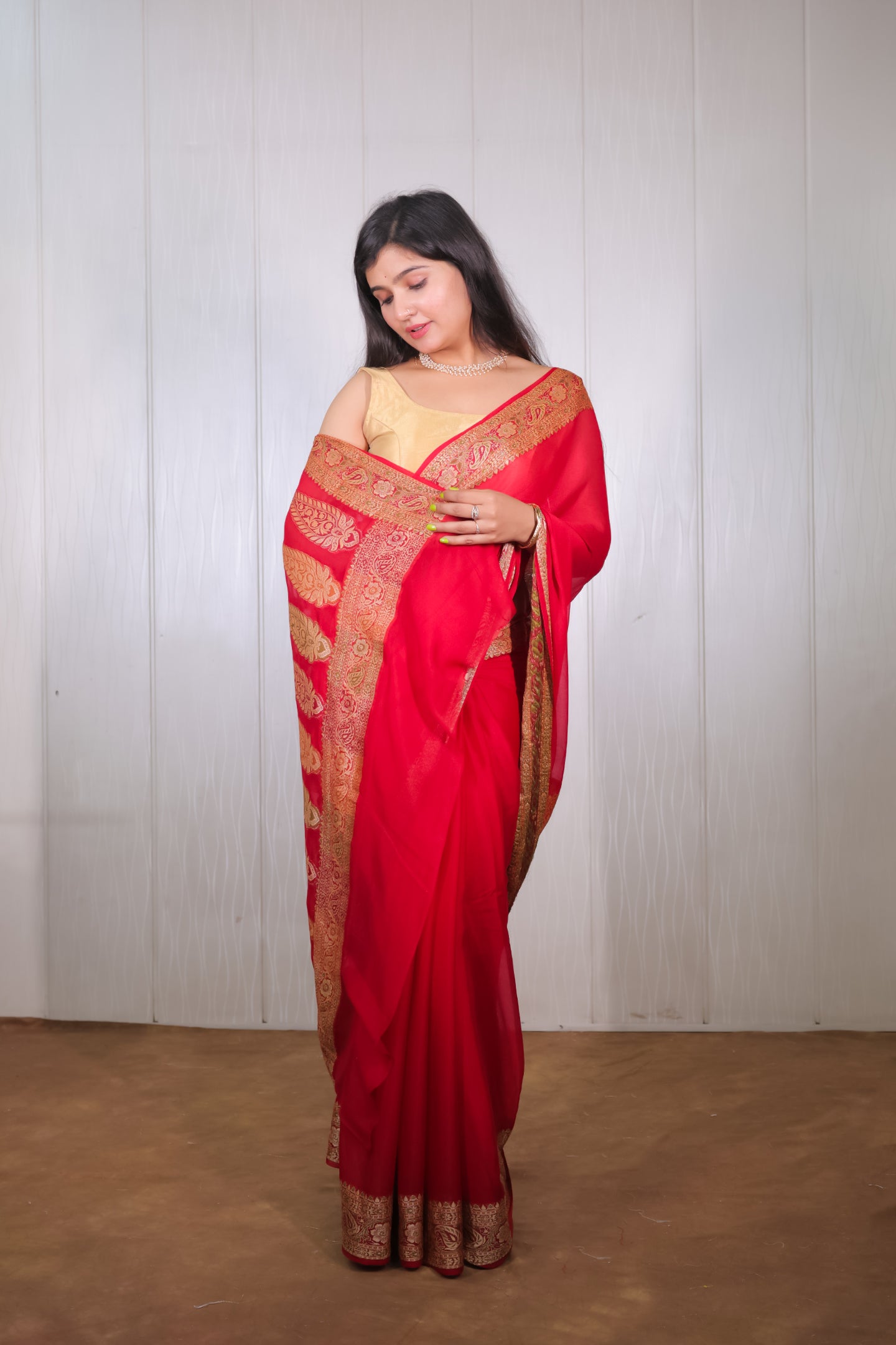 Red Banarasi Khaddi Chiffon