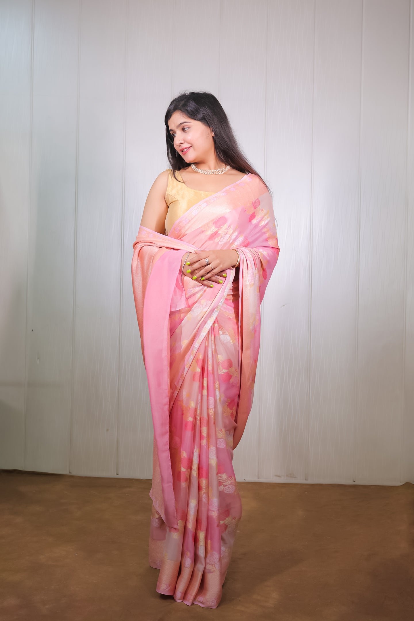 Pink Banarasi Khaddi Chiffon