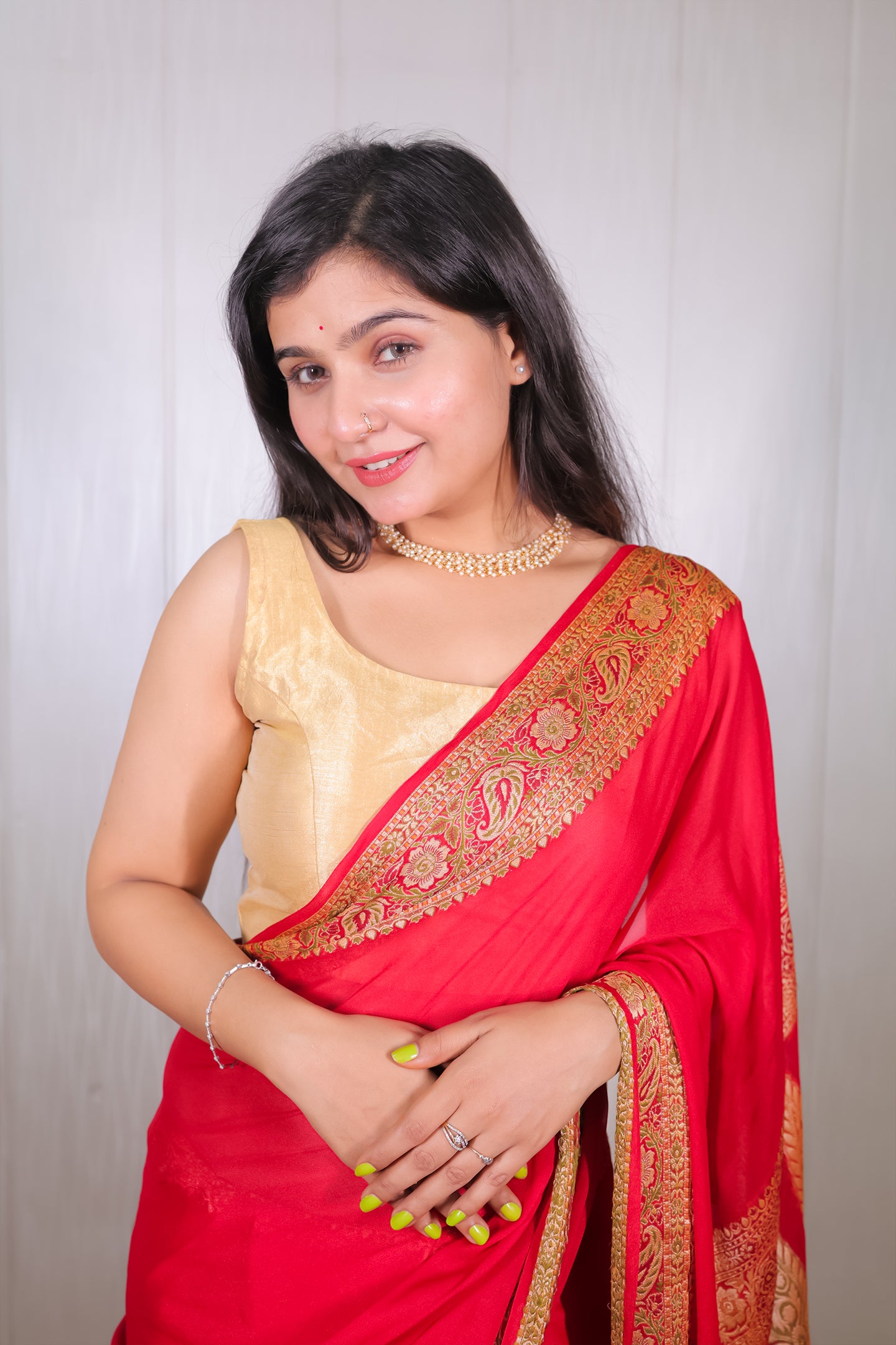 Red Banarasi Khaddi Chiffon