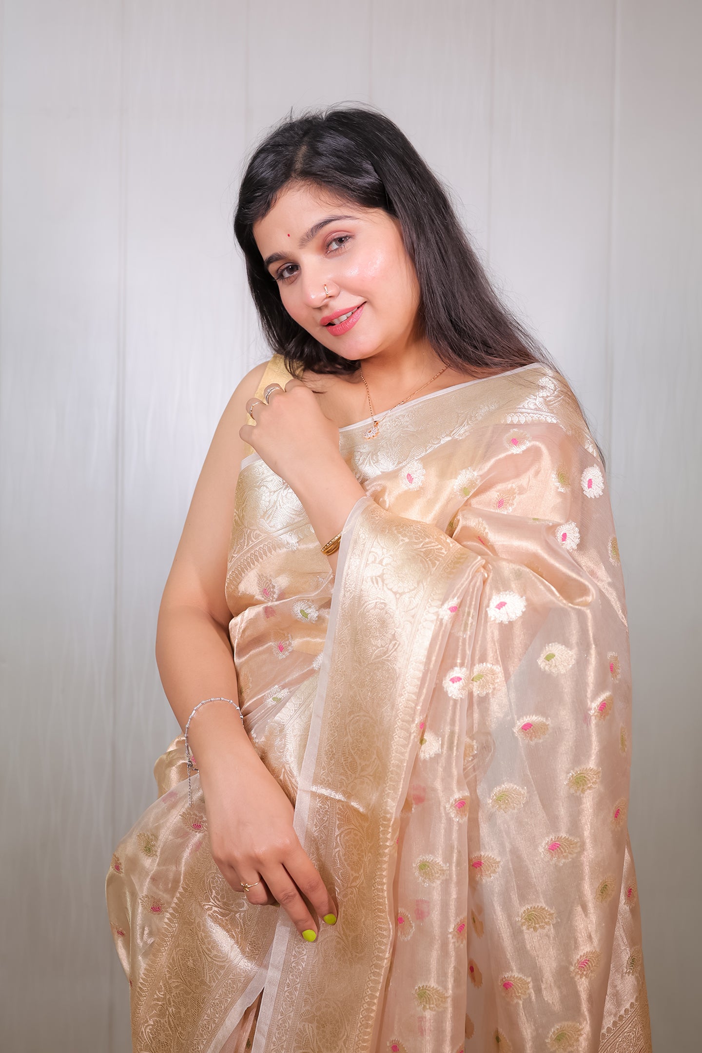 Gold Tissue Colourful Booties Saree