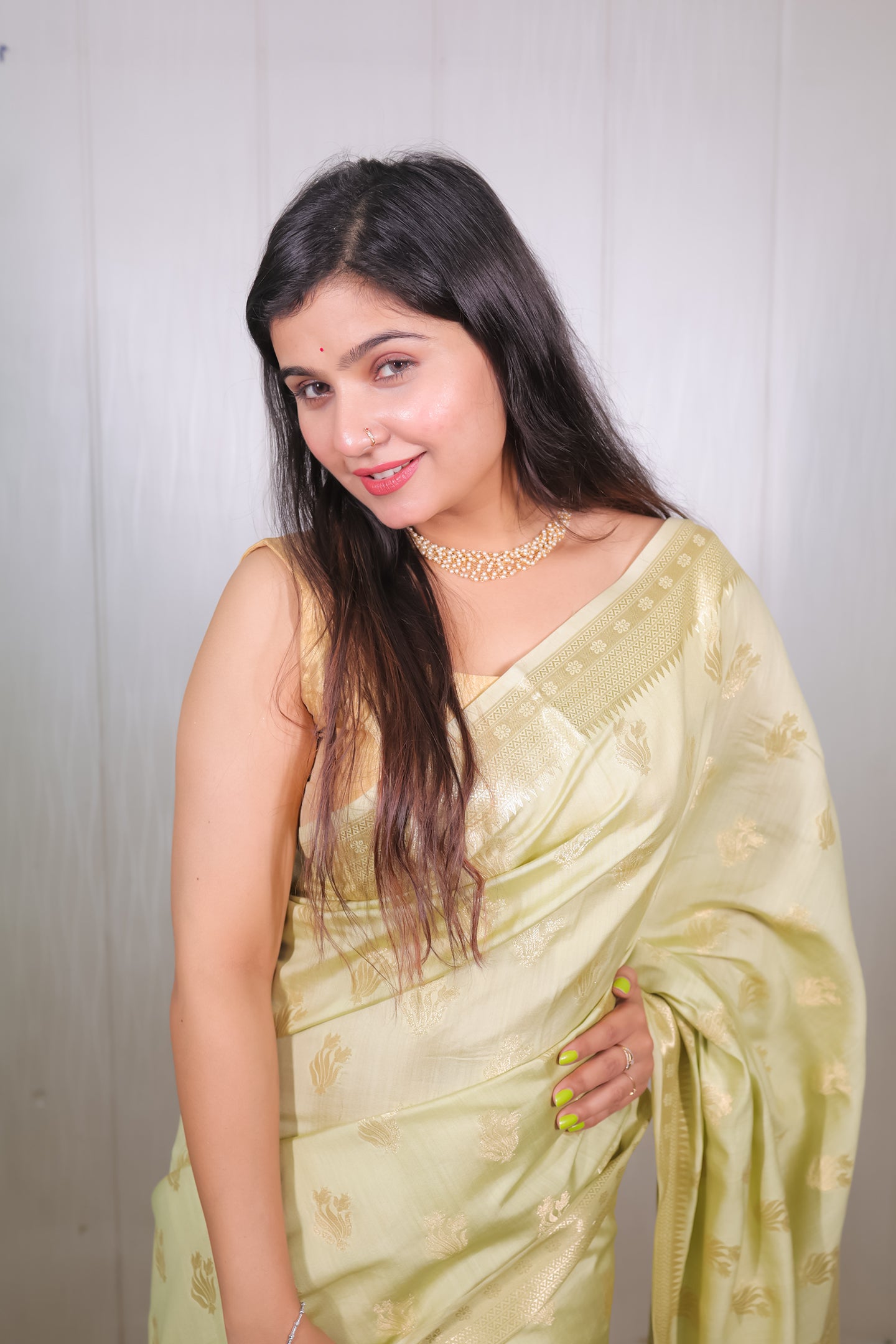 Pistacio Green Chiniya Silk Saree