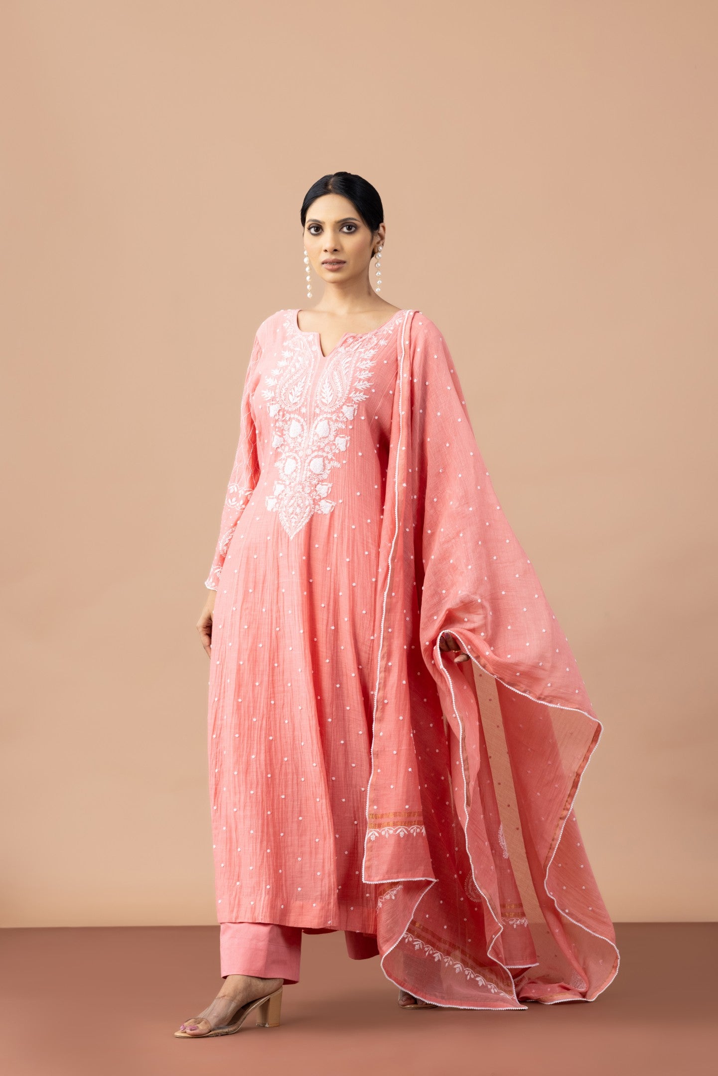 Peach Terracotta Mul Chanderi Anarkali Set