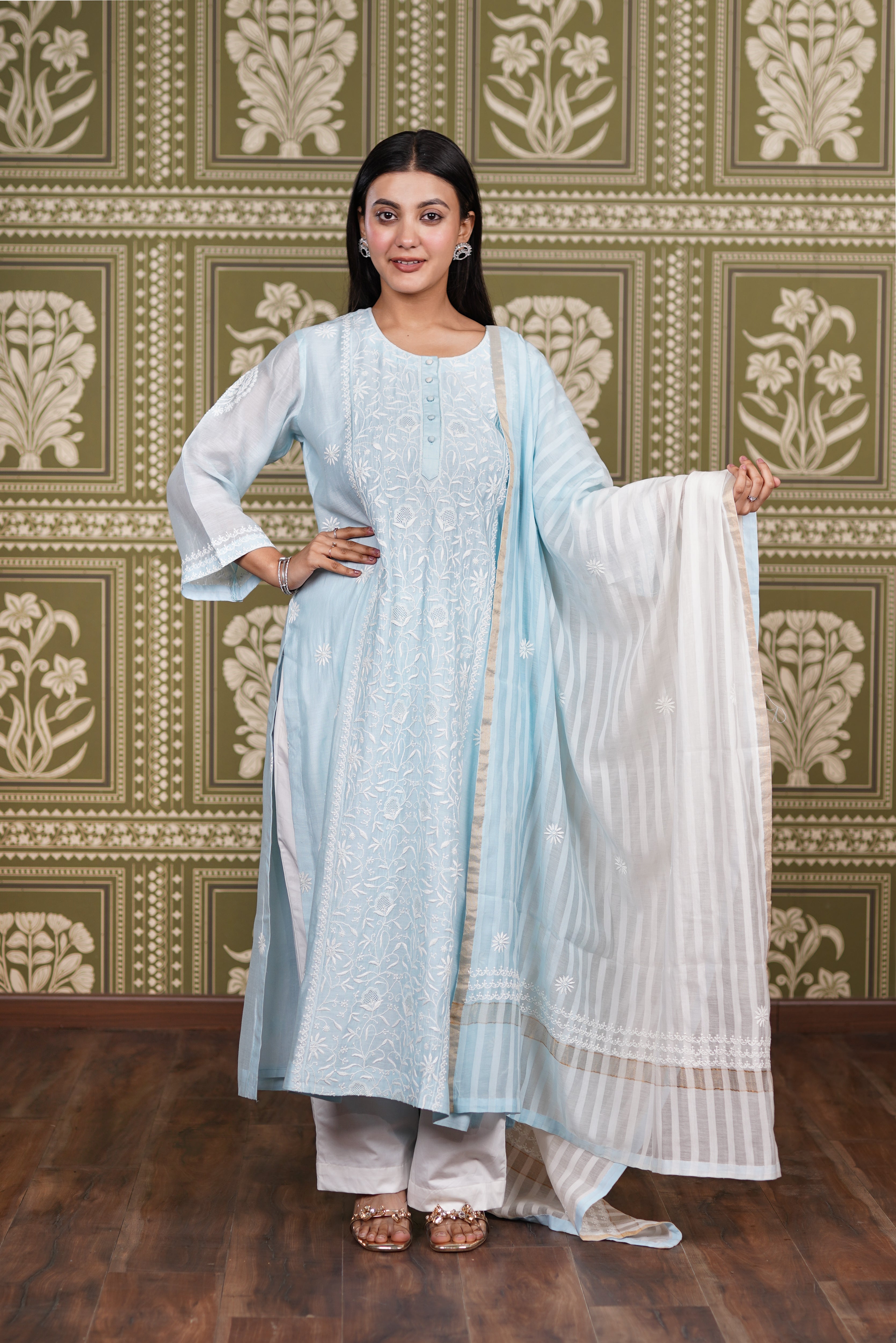 Light Blue Mul Chanderi Straight Set