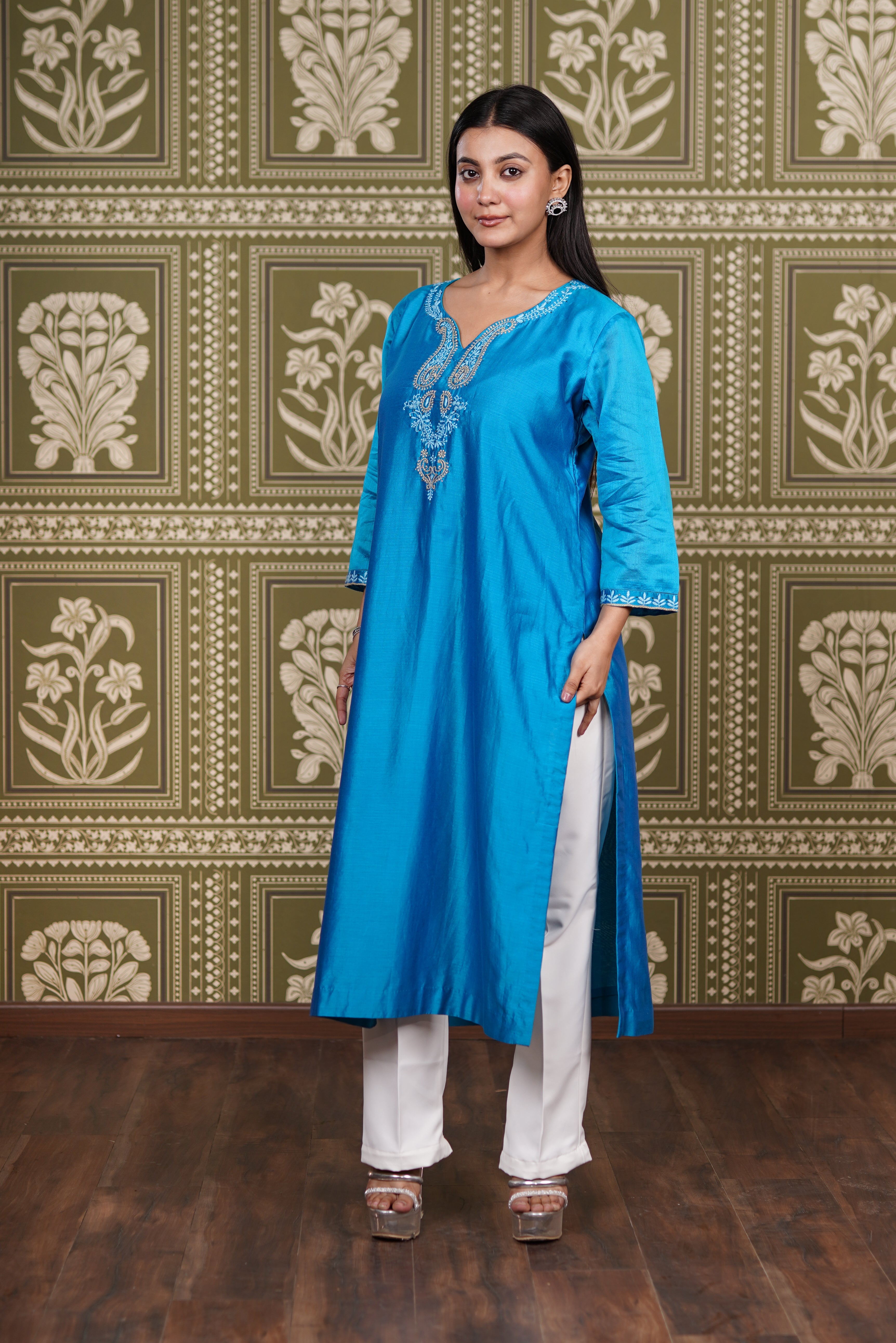Azure Blue Chanderi Silk Straight Kurti
