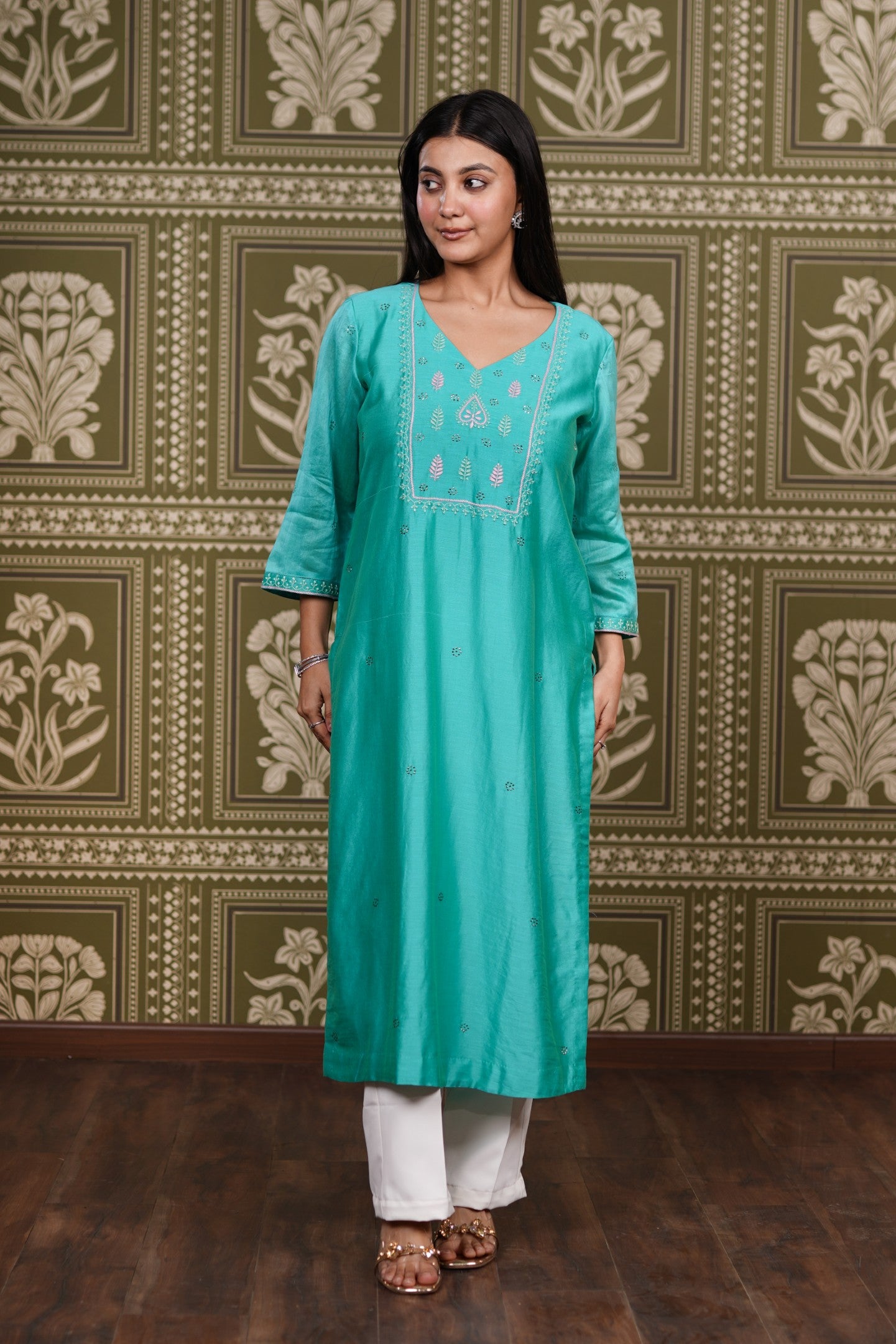 Turquoise Chanderi Silk Straight Kurti