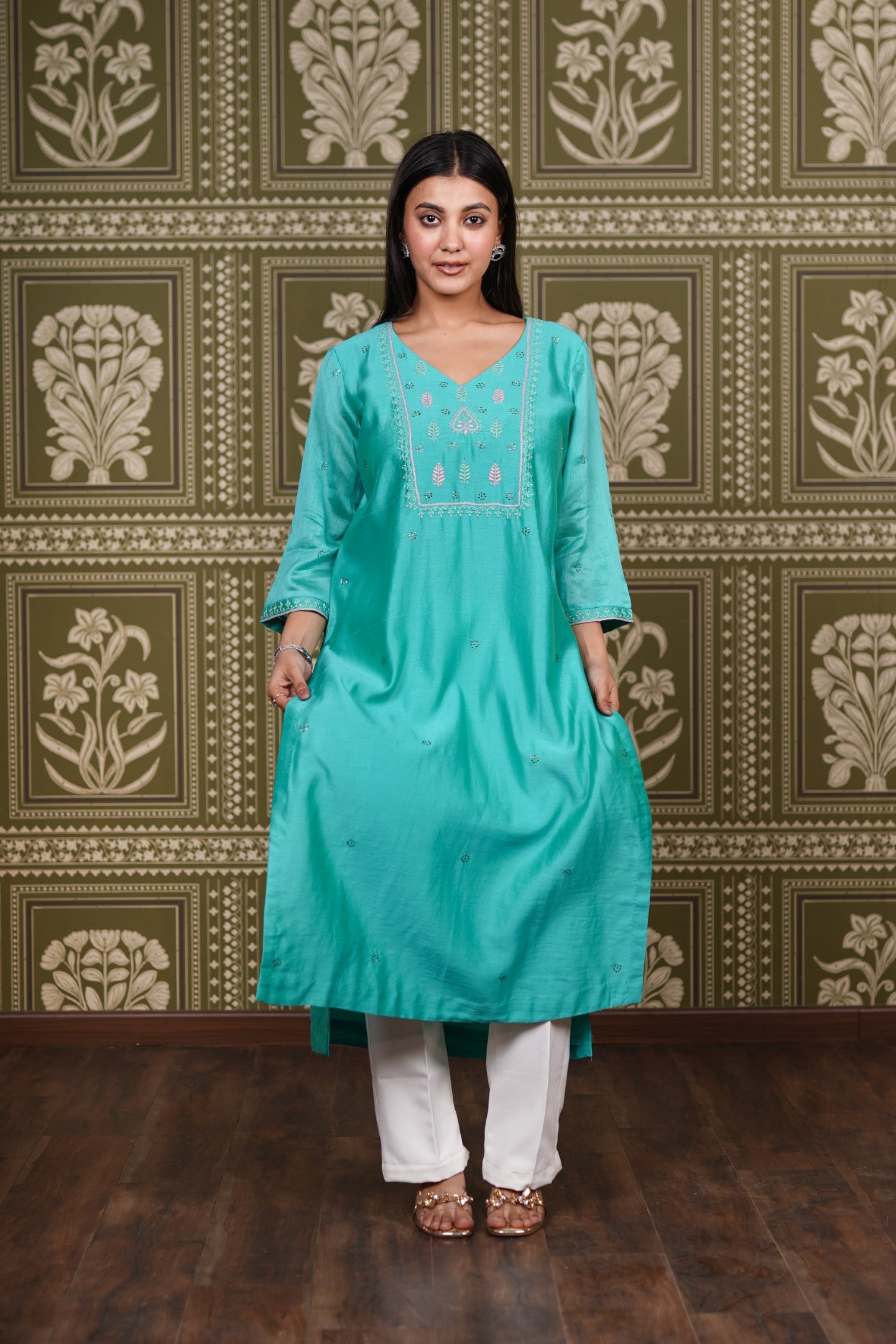 Turquoise Chanderi Silk Straight Kurti