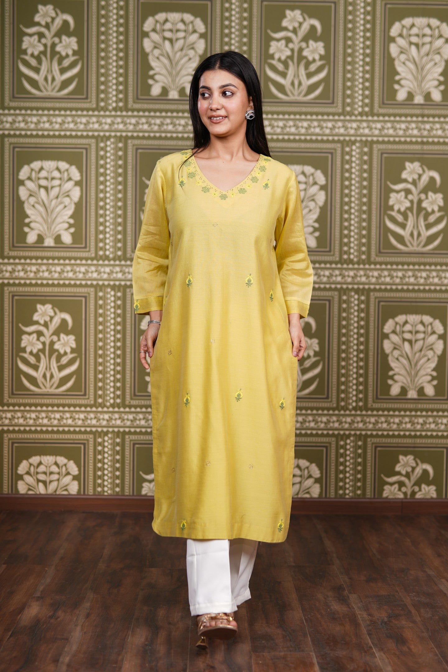 Yellow Chanderi Silk Straight Kurti