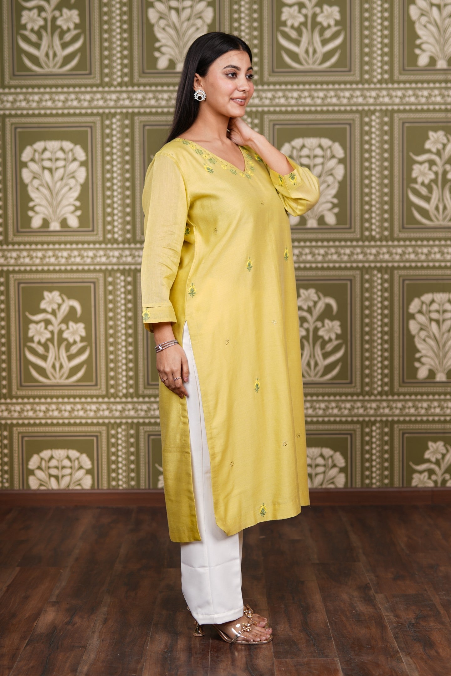 Yellow Chanderi Silk Straight Kurti