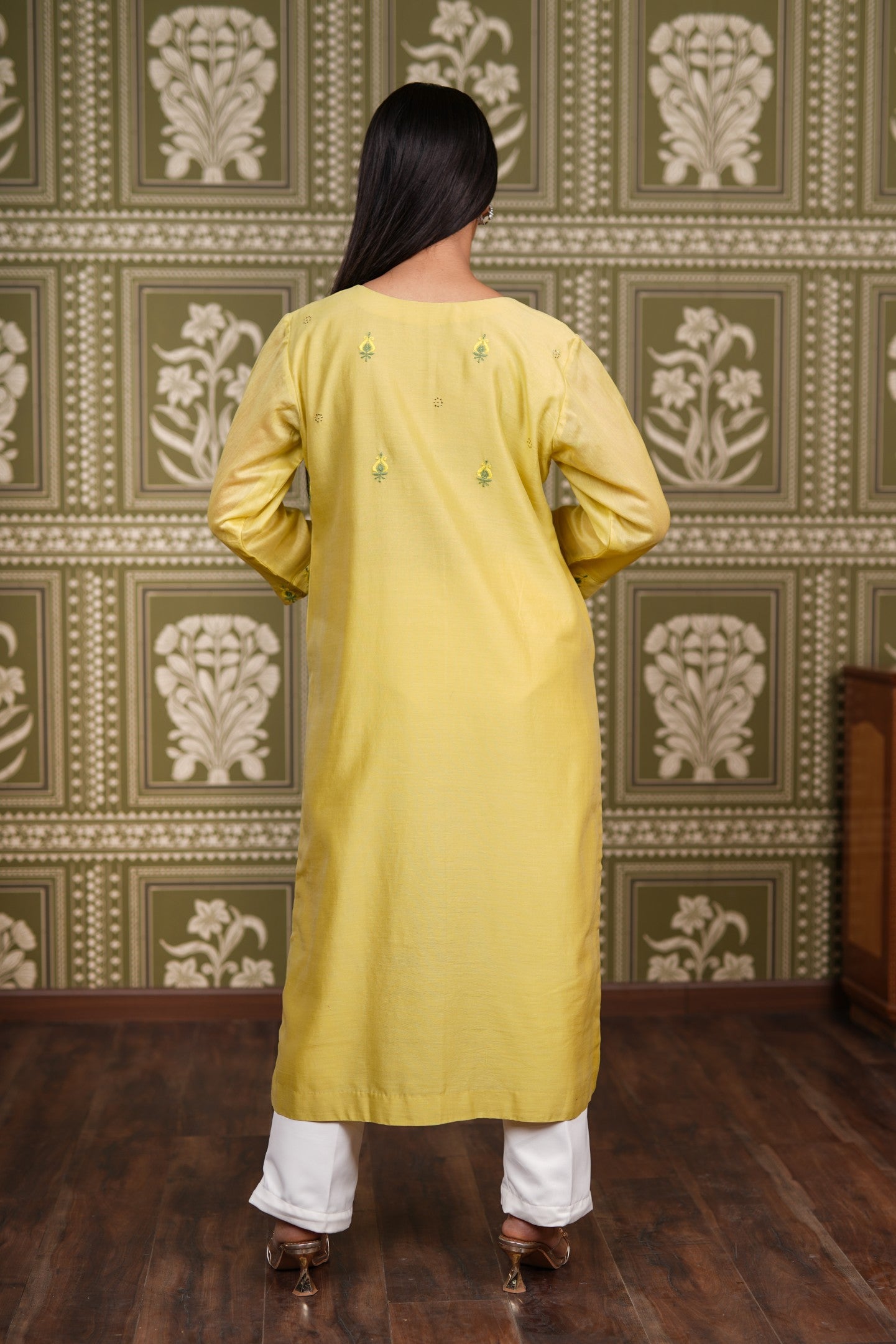 Yellow Chanderi Silk Straight Kurti