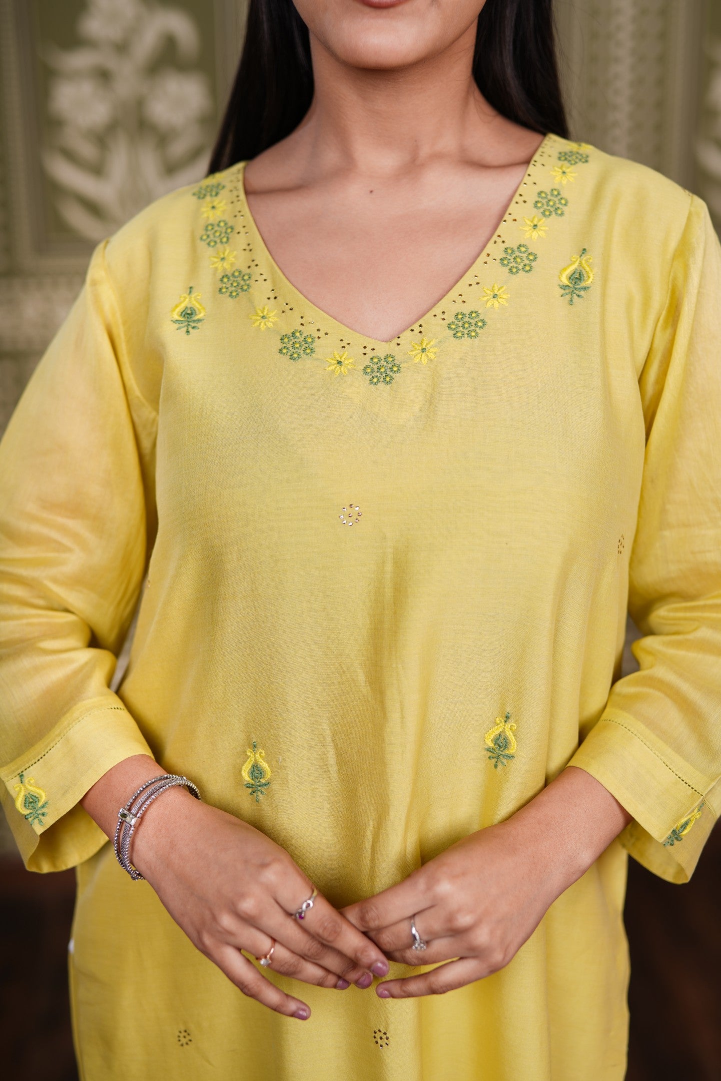 Yellow Chanderi Silk Straight Kurti