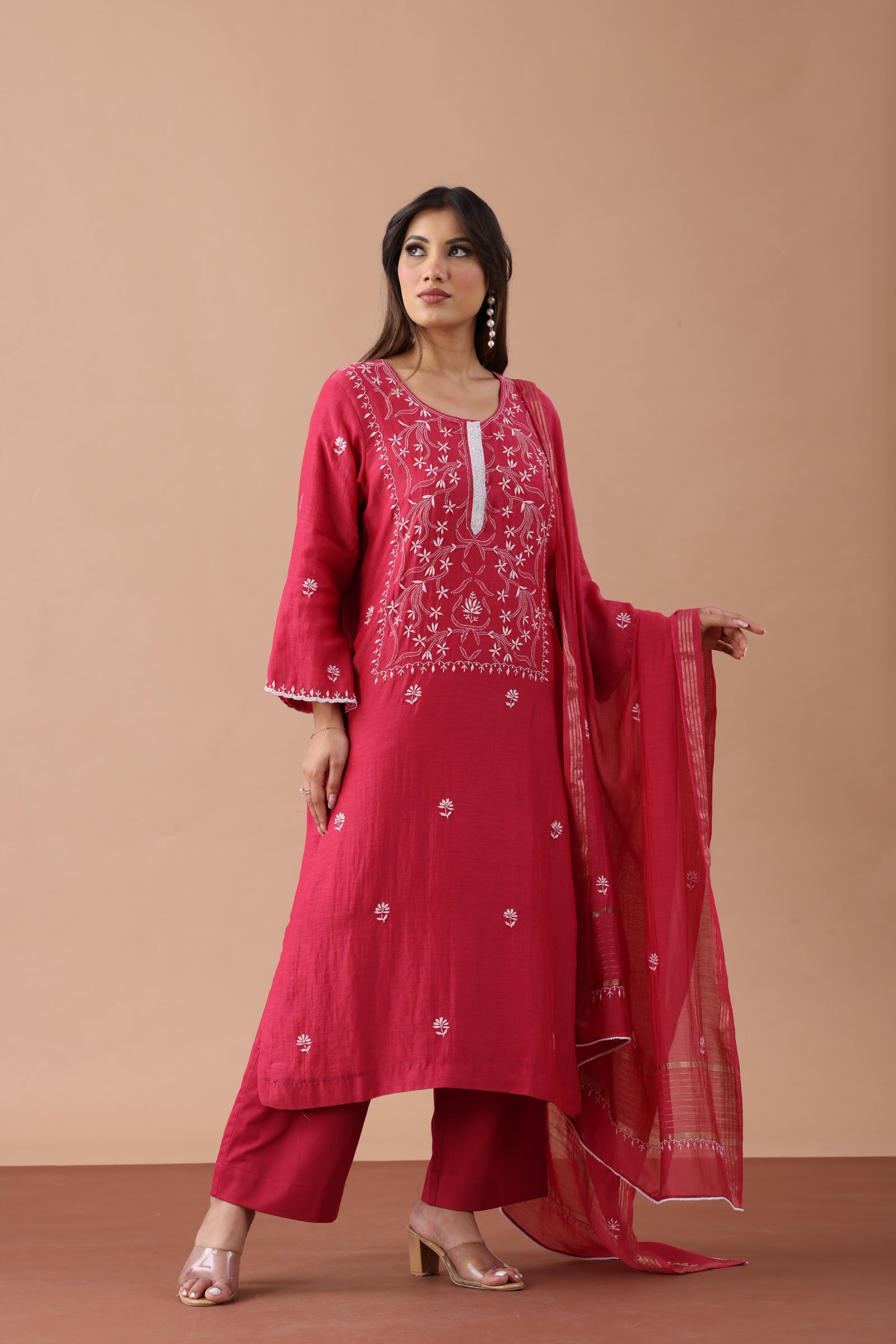 Raspberry Mul Chanderi Straight Set