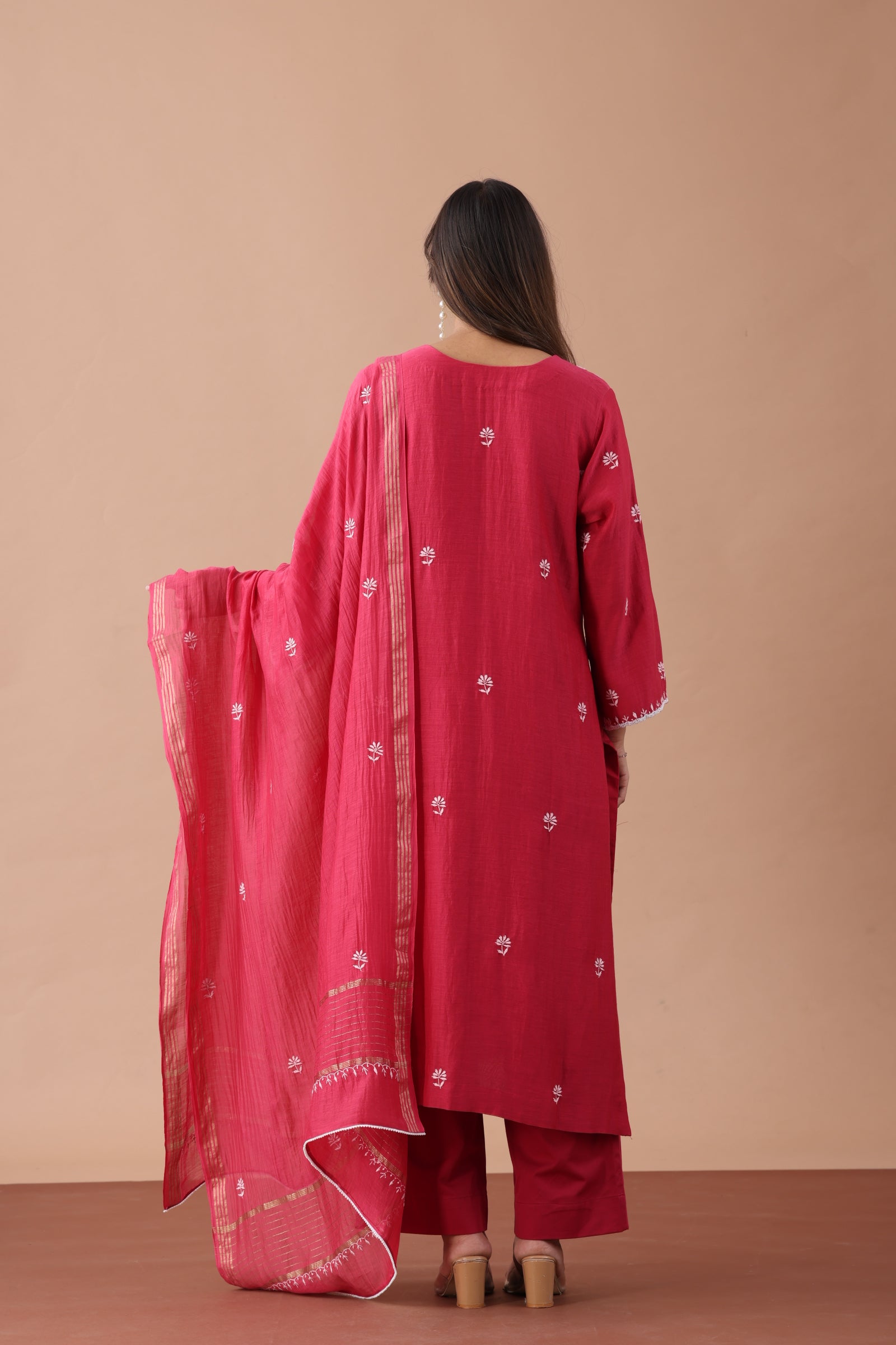 Raspberry Mul Chanderi Straight Set