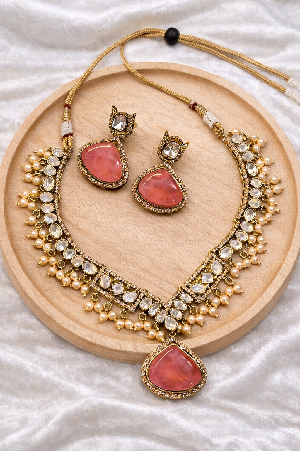 Royal Blush Pink Victorian Necklace Set with Pearls