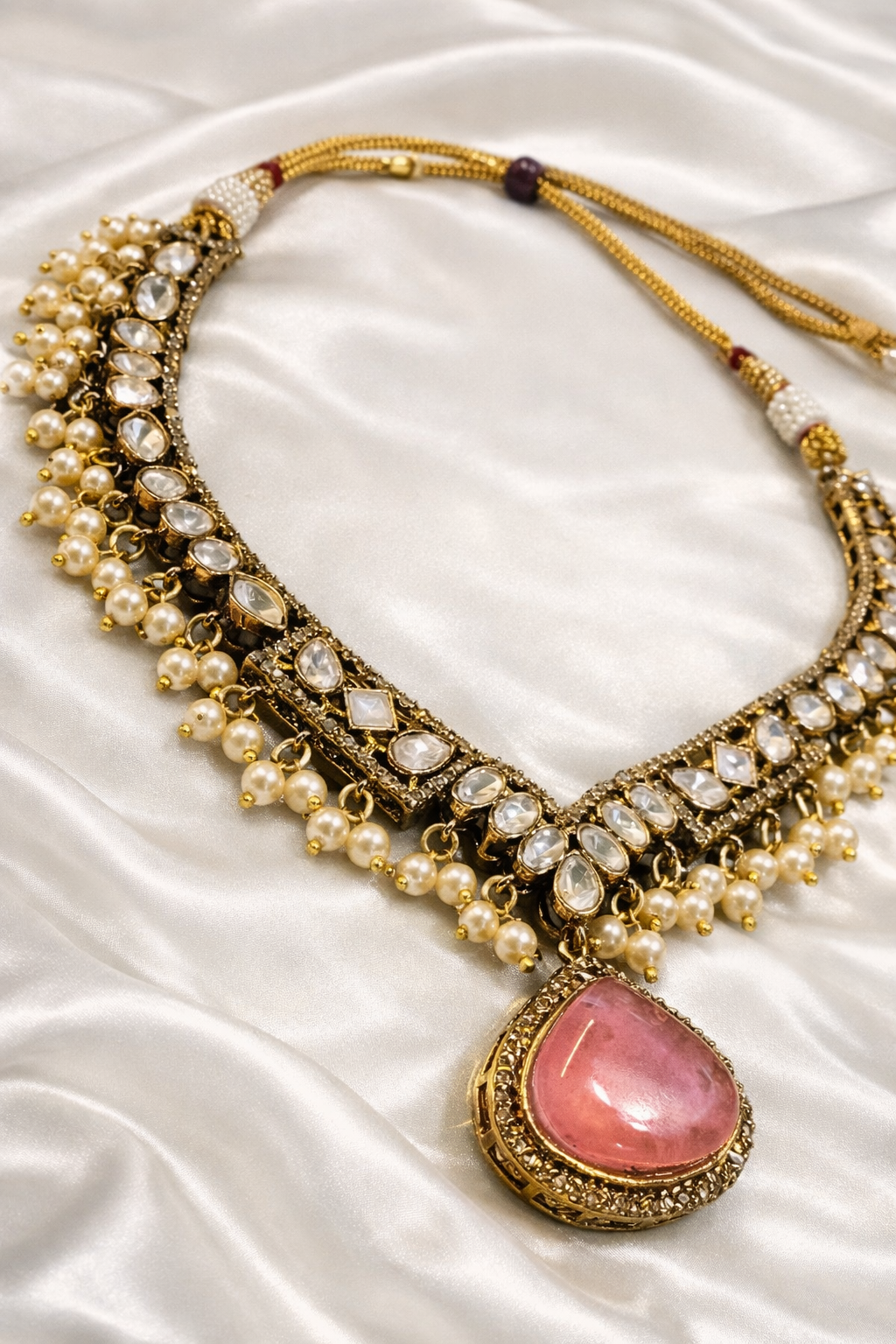 Royal Blush Pink Victorian Necklace Set with Pearls