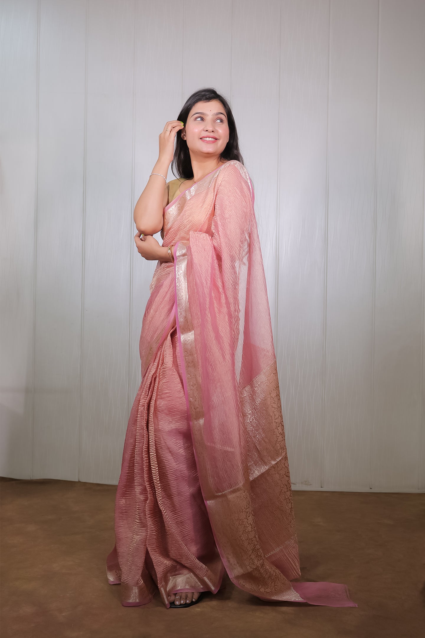 Crinkle Pink Gold Zari Tissue Saree