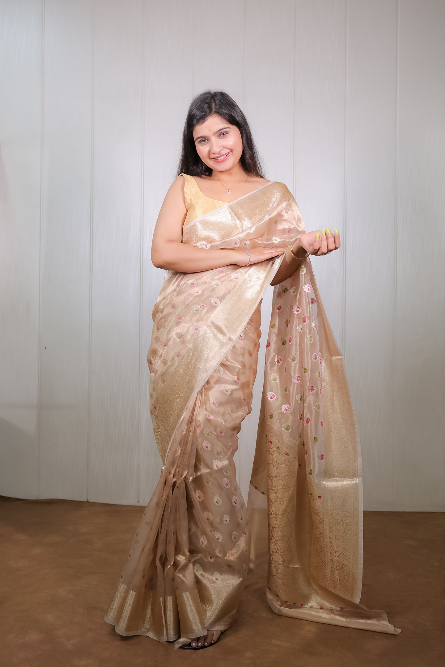 Gold Tissue Colourful Booties Saree