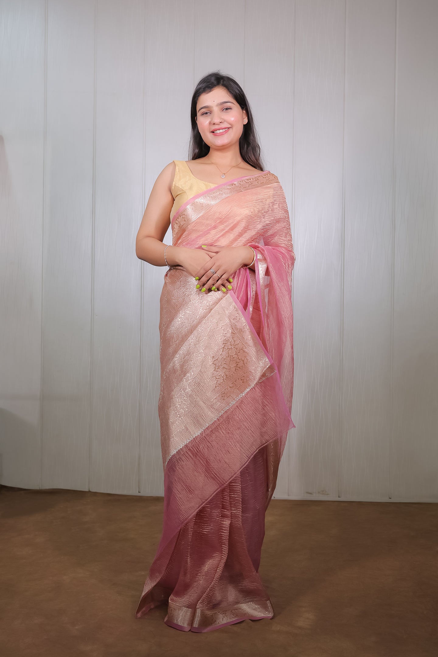 Crinkle Pink Gold Zari Tissue Saree