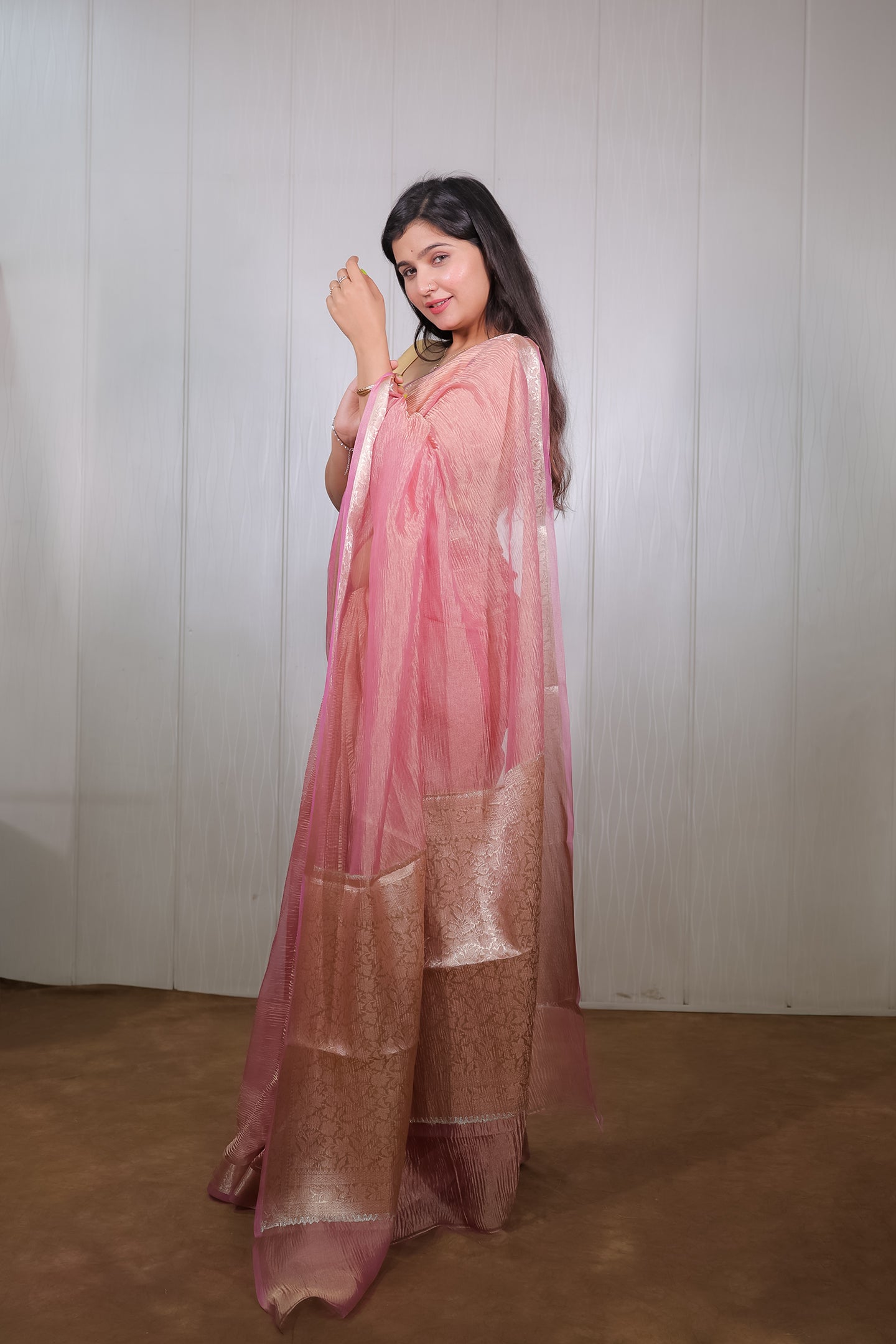 Crinkle Pink Gold Zari Tissue Saree