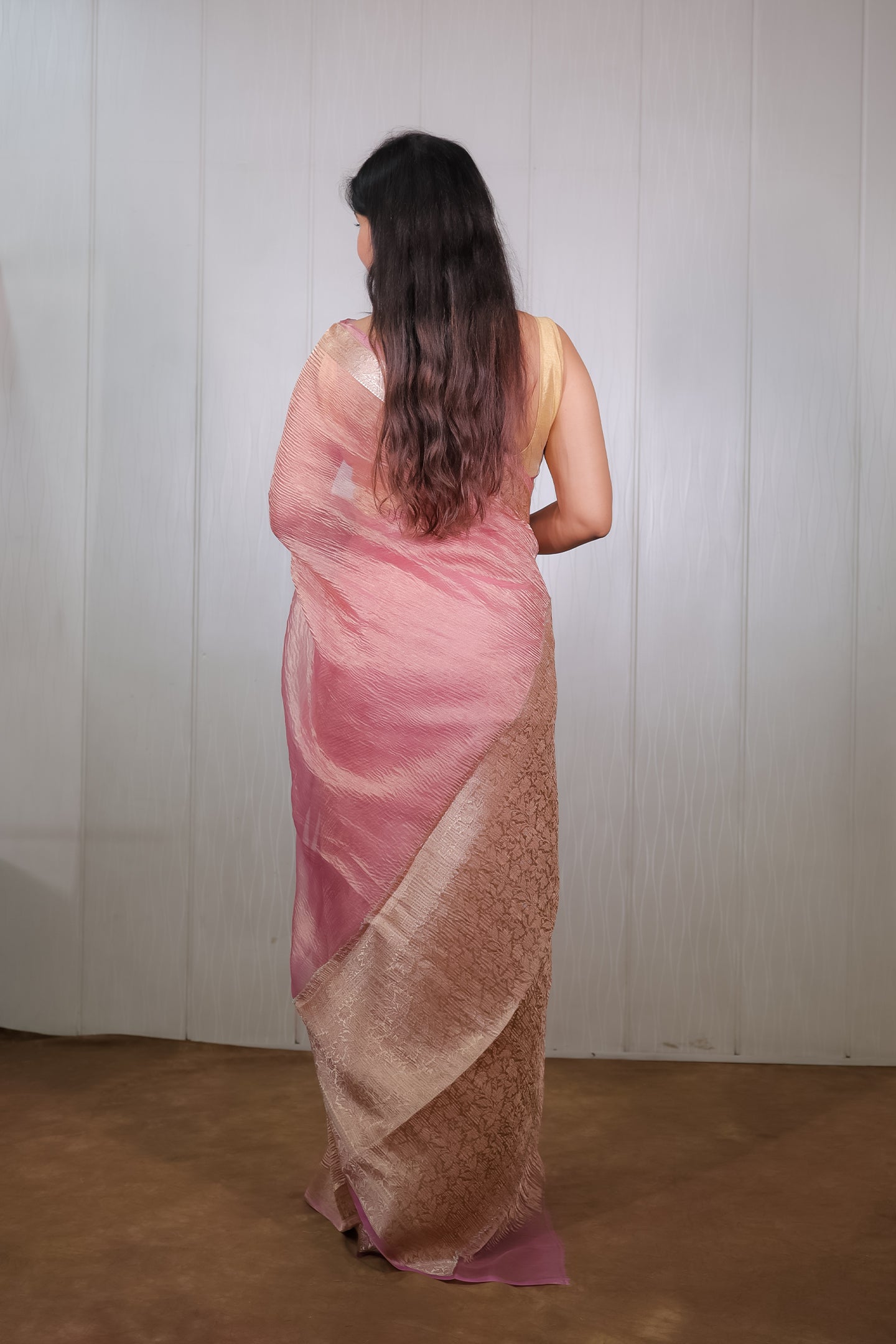 Crinkle Pink Gold Zari Tissue Saree