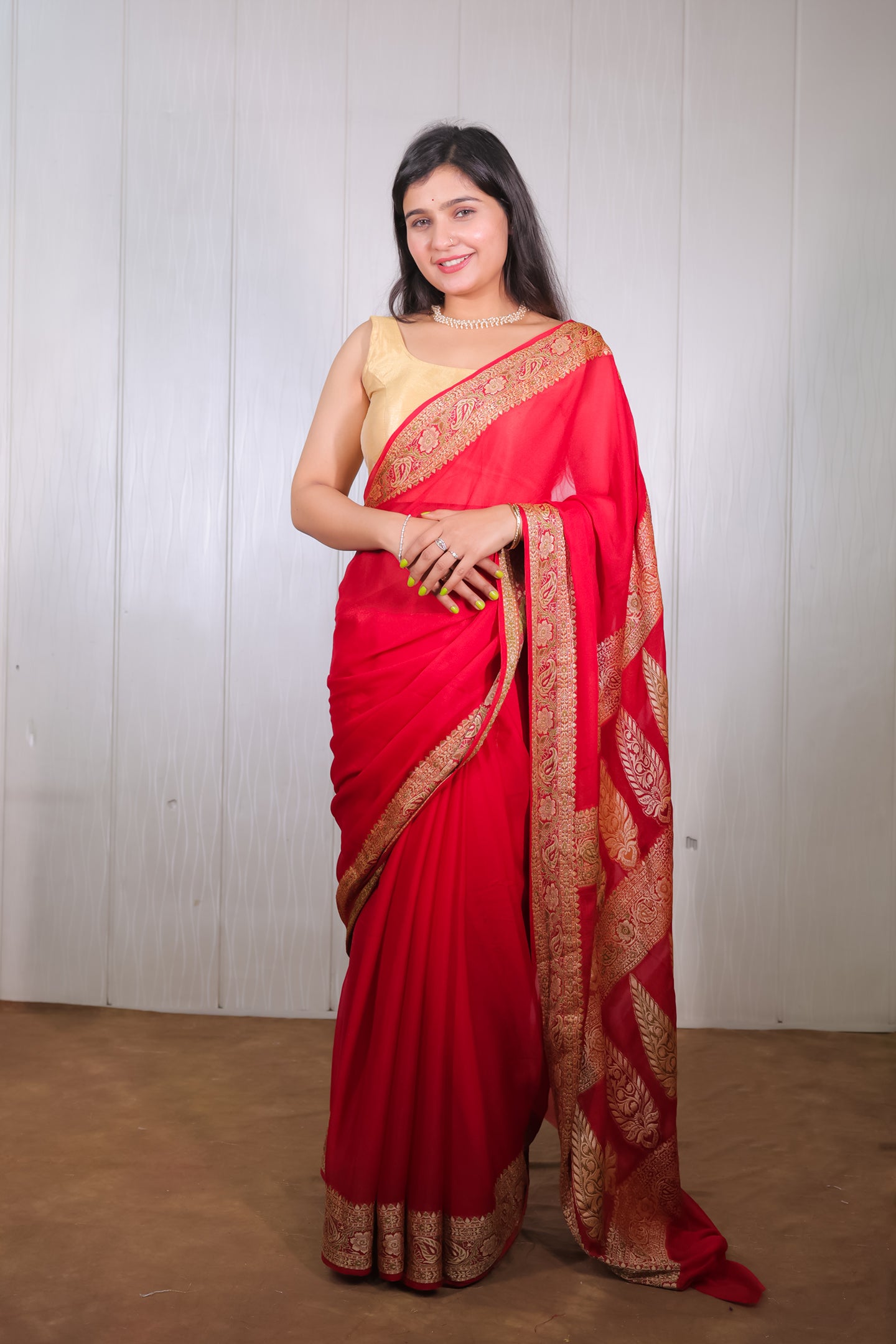 Red Banarasi Khaddi Chiffon