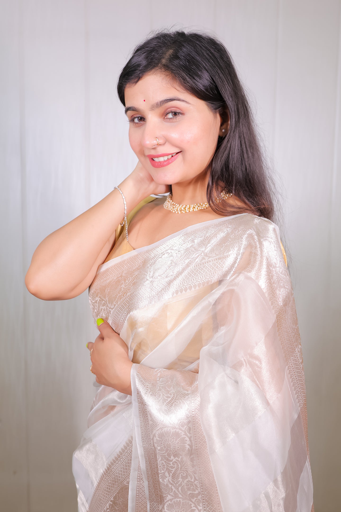 Silver and Rose Gold Tissue Saree