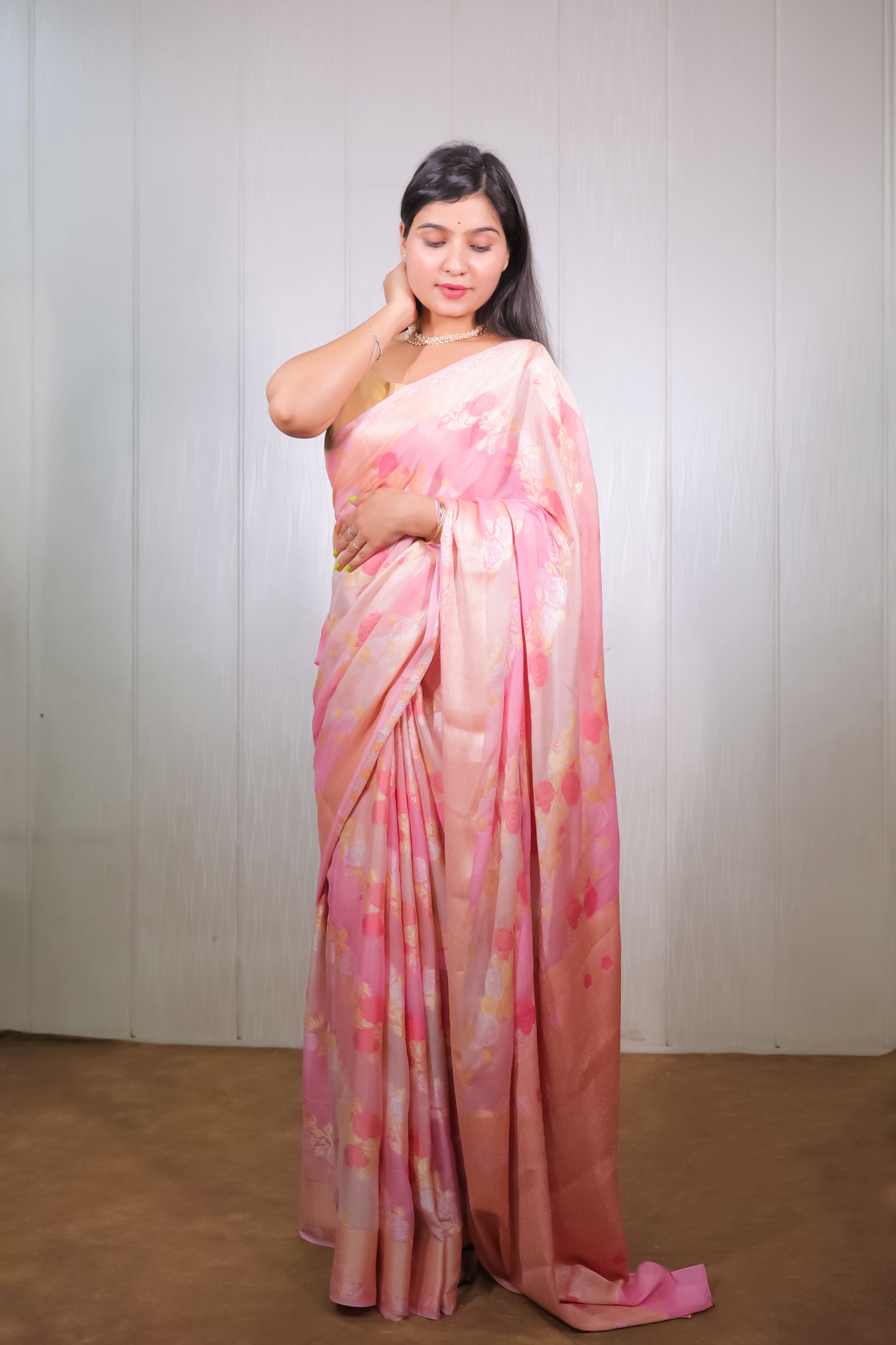 Pink Banarasi Khaddi Chiffon