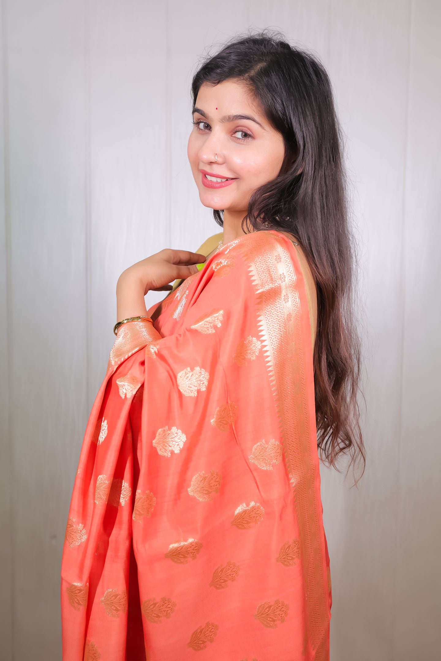 Coral Chiniya Silk Saree
