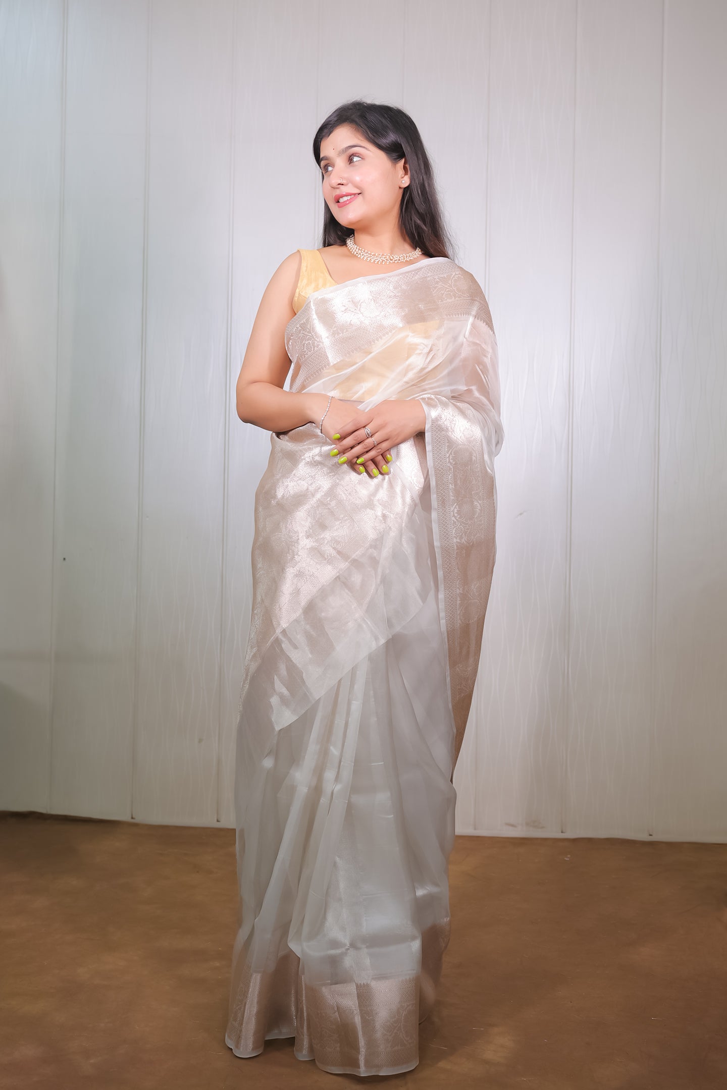 Silver and Rose Gold Tissue Saree