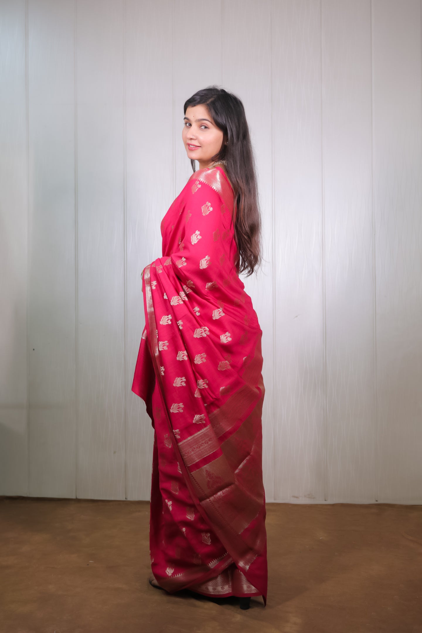 Raspberry Chiniya Silk Saree