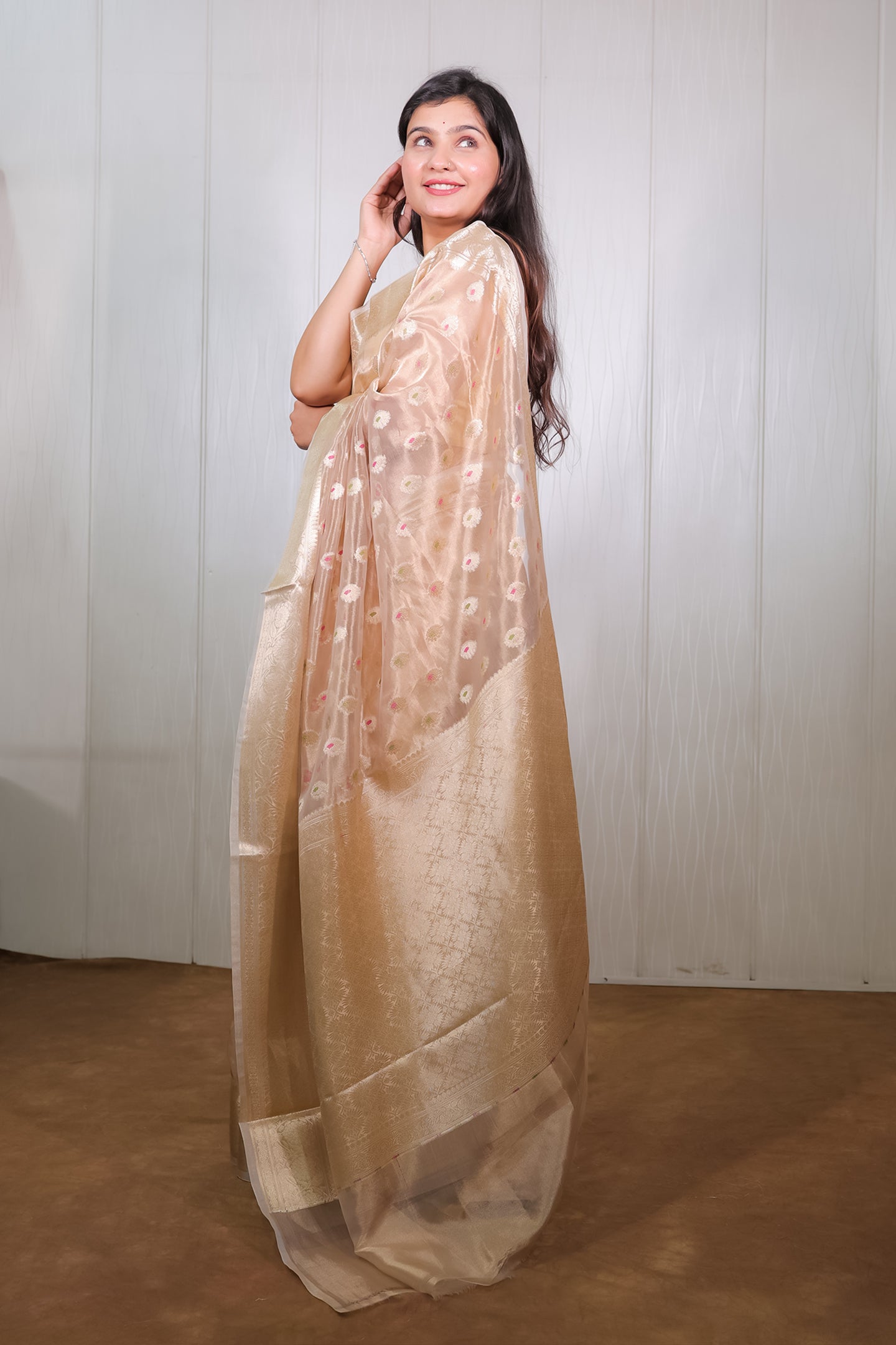 Gold Tissue Colourful Booties Saree