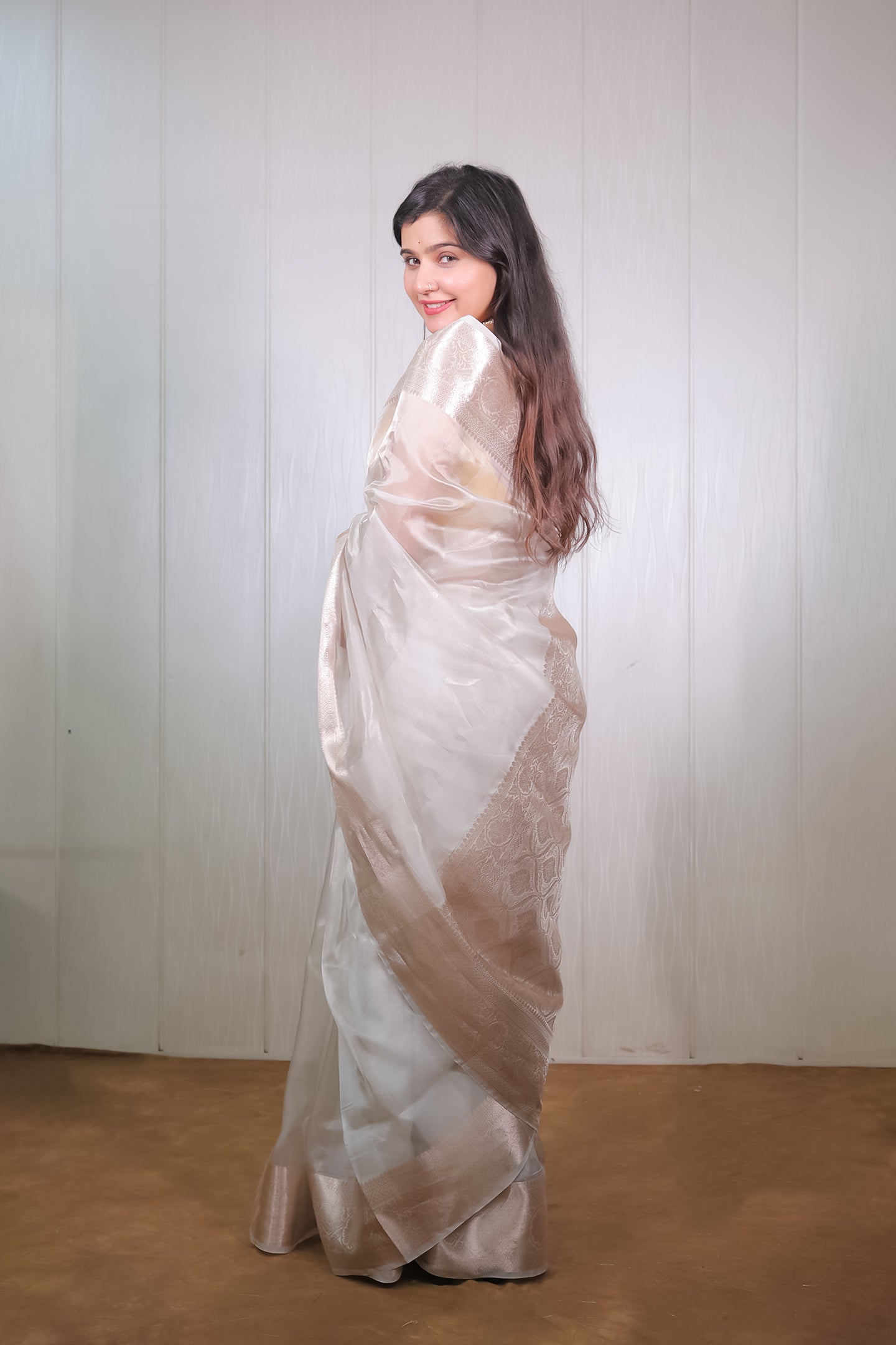 Silver and Rose Gold Tissue Saree