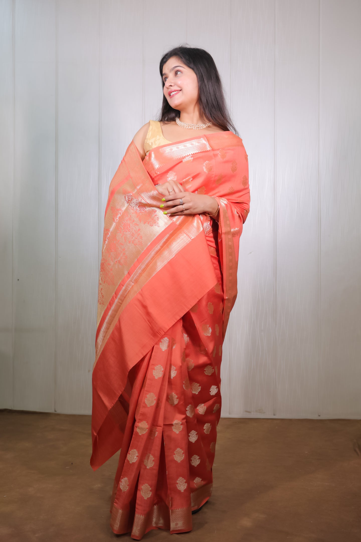 Coral Chiniya Silk Saree
