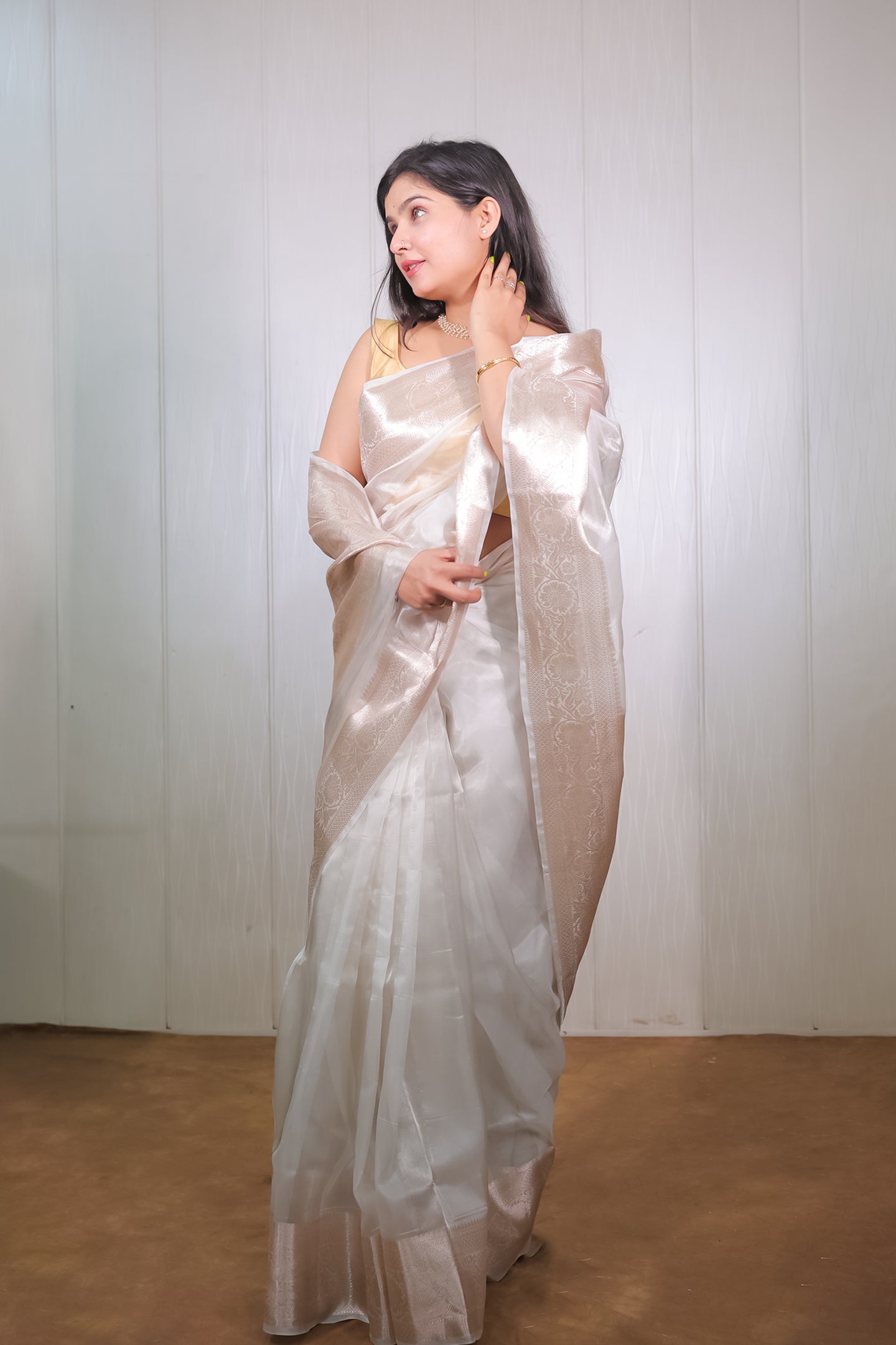 Silver and Rose Gold Tissue Saree