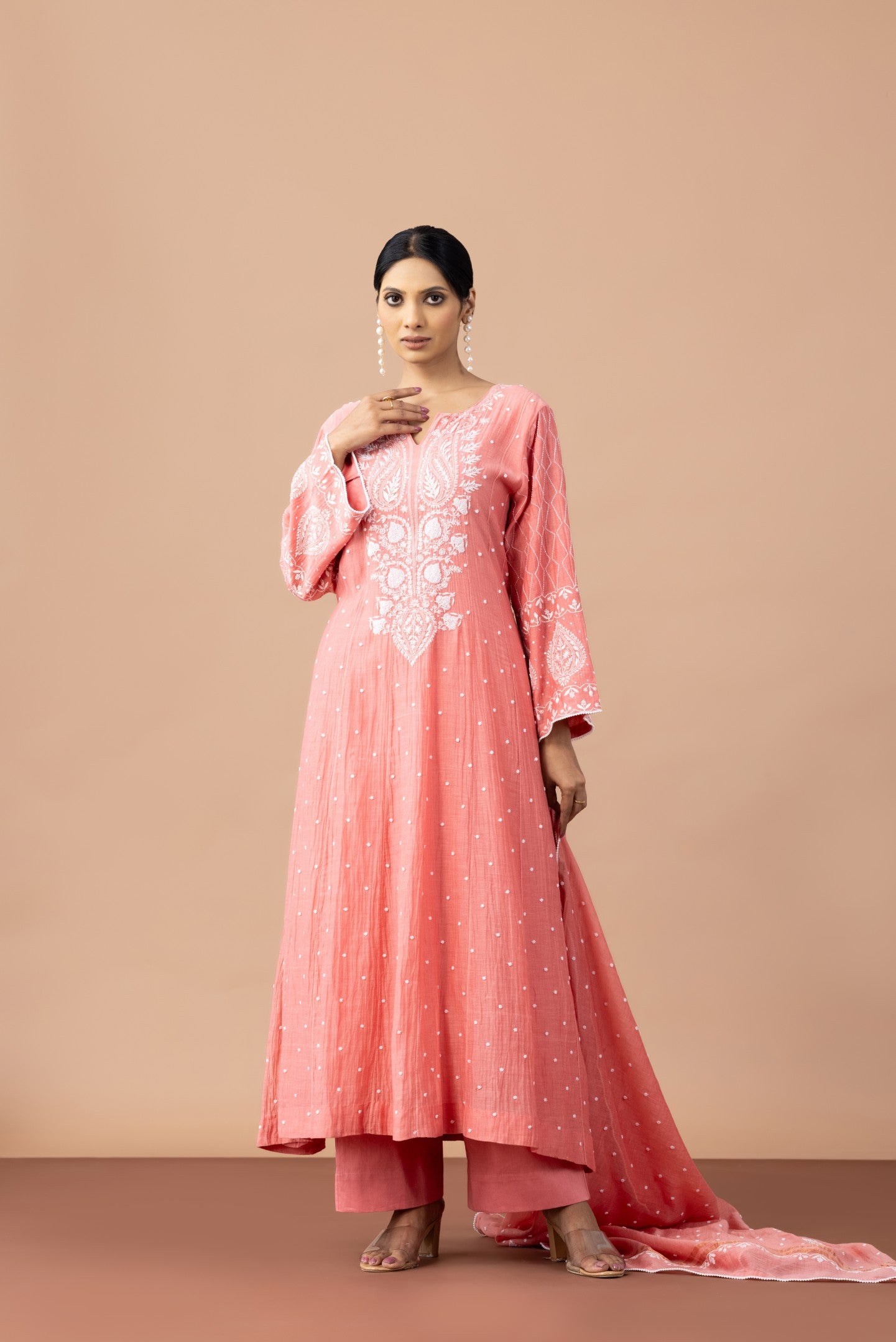 Peach Terracotta Mul Chanderi Anarkali Set