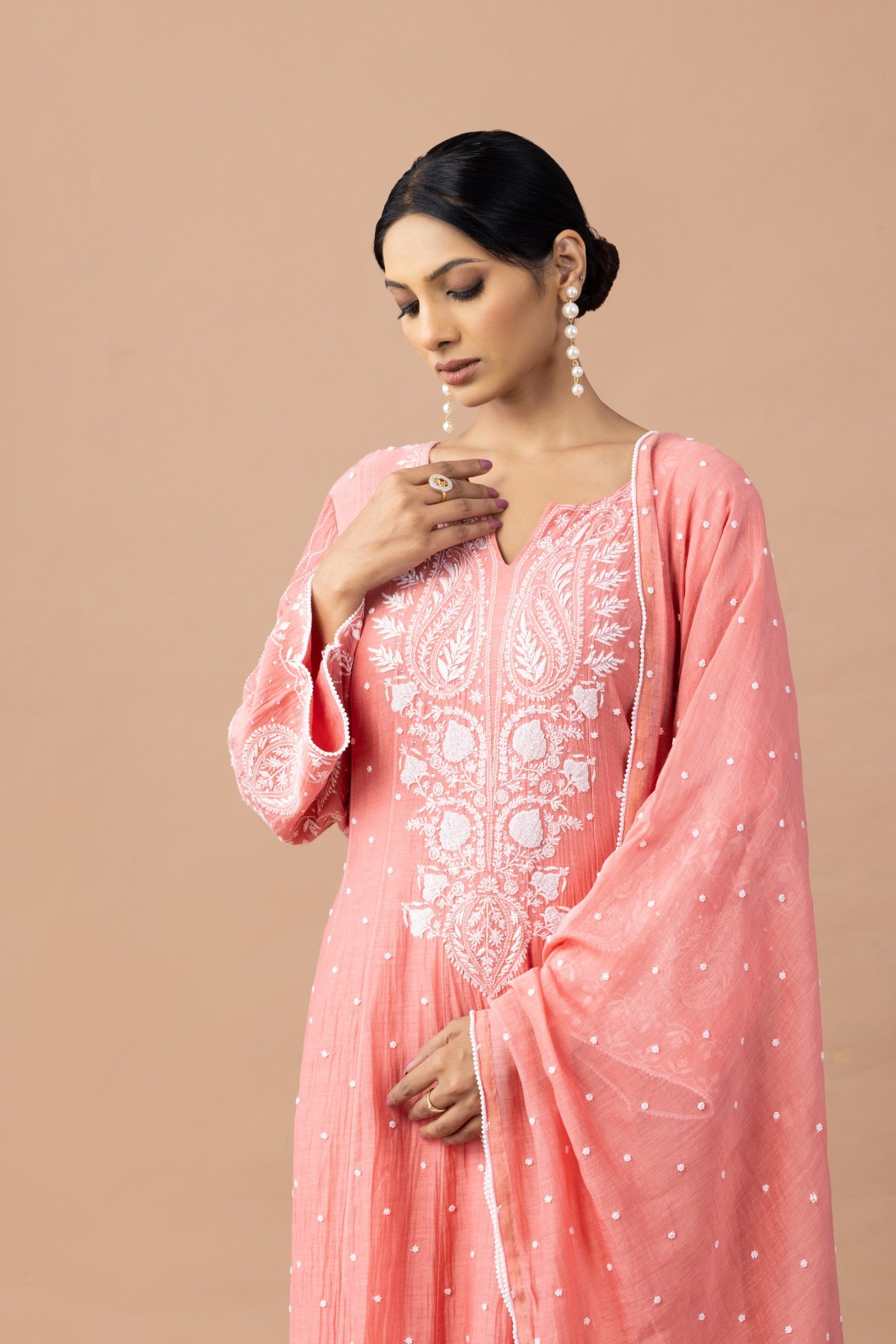Peach Terracotta Mul Chanderi Anarkali Set