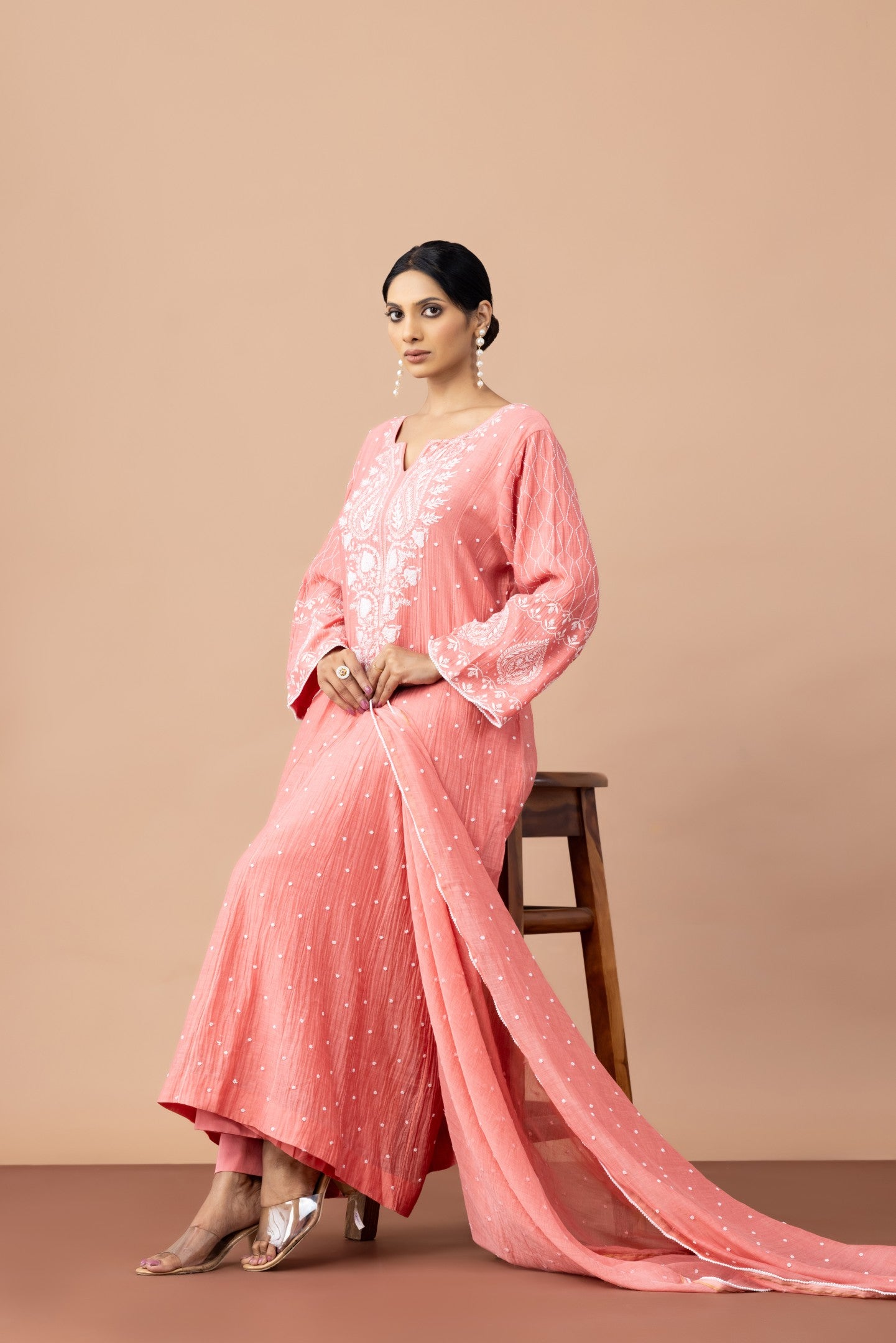 Peach Terracotta Mul Chanderi Anarkali Set