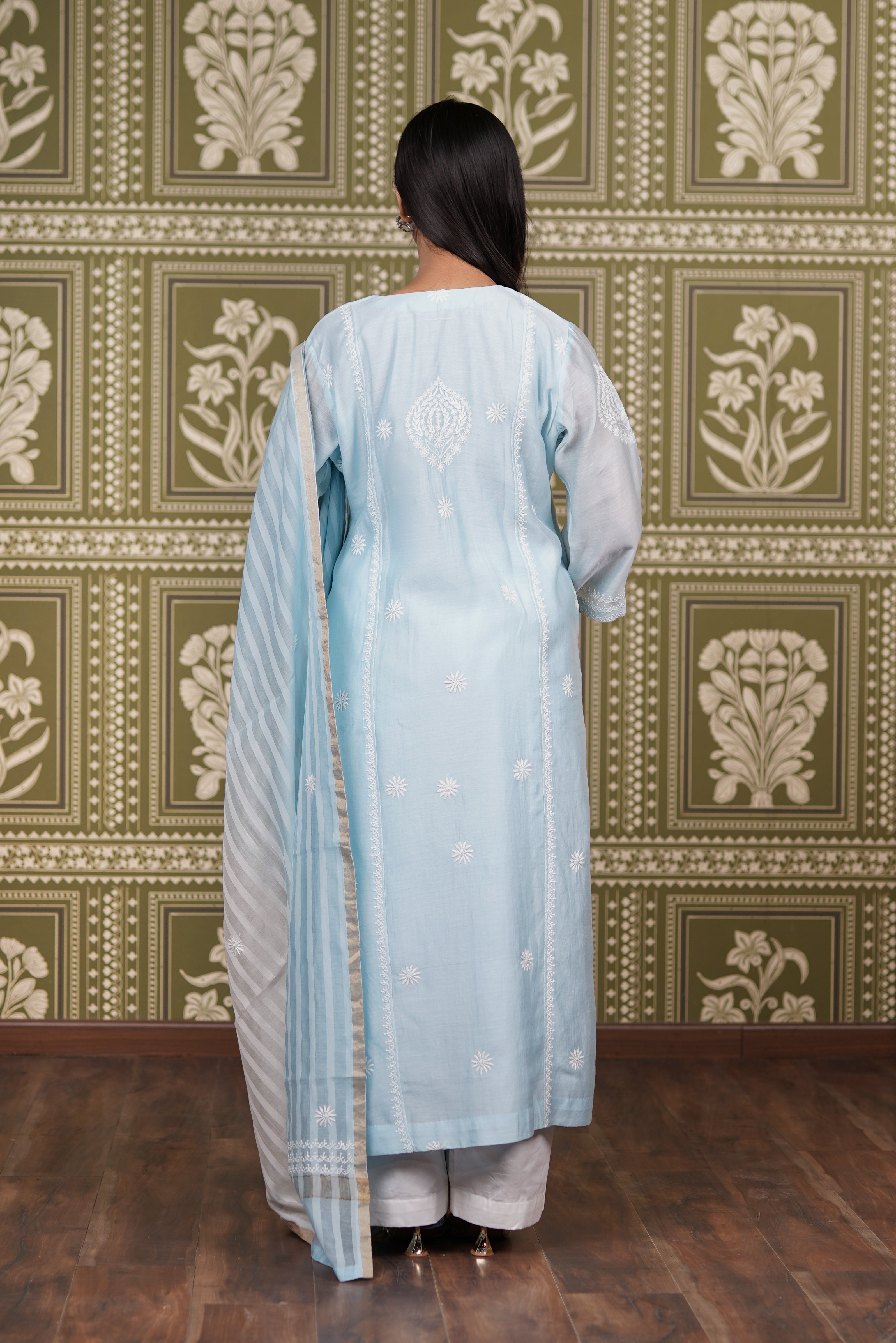Light Blue Mul Chanderi Straight Set