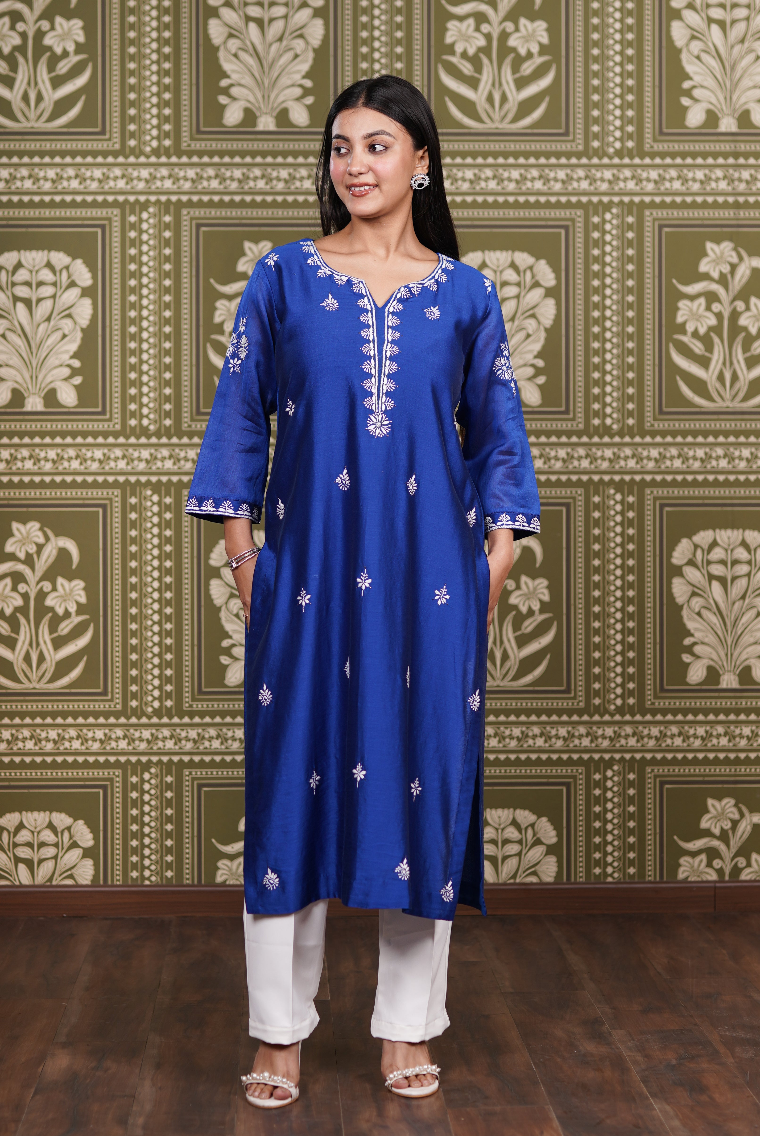 Navy Chanderi Silk Straight Kurti
