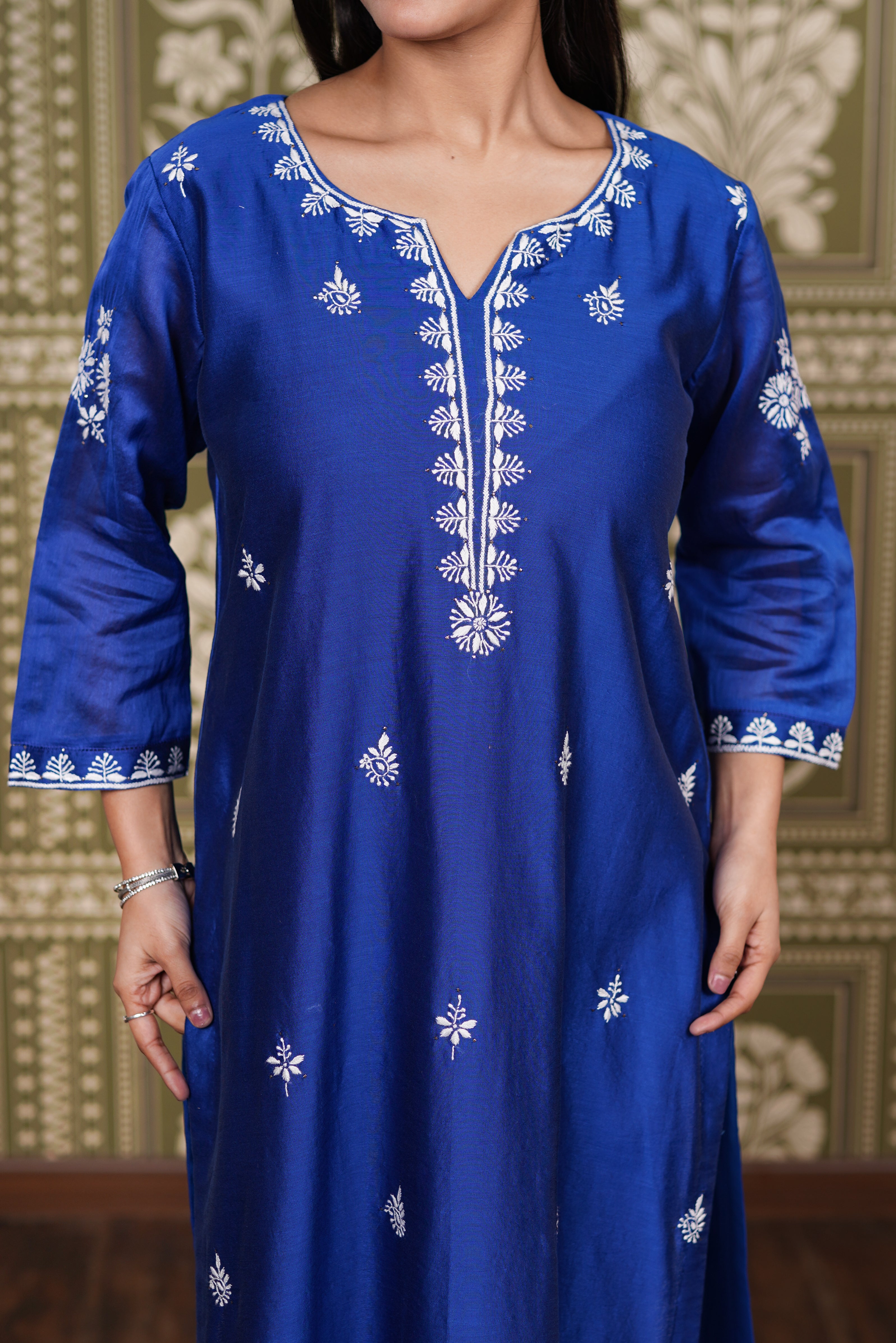 Navy Chanderi Silk Straight Kurti