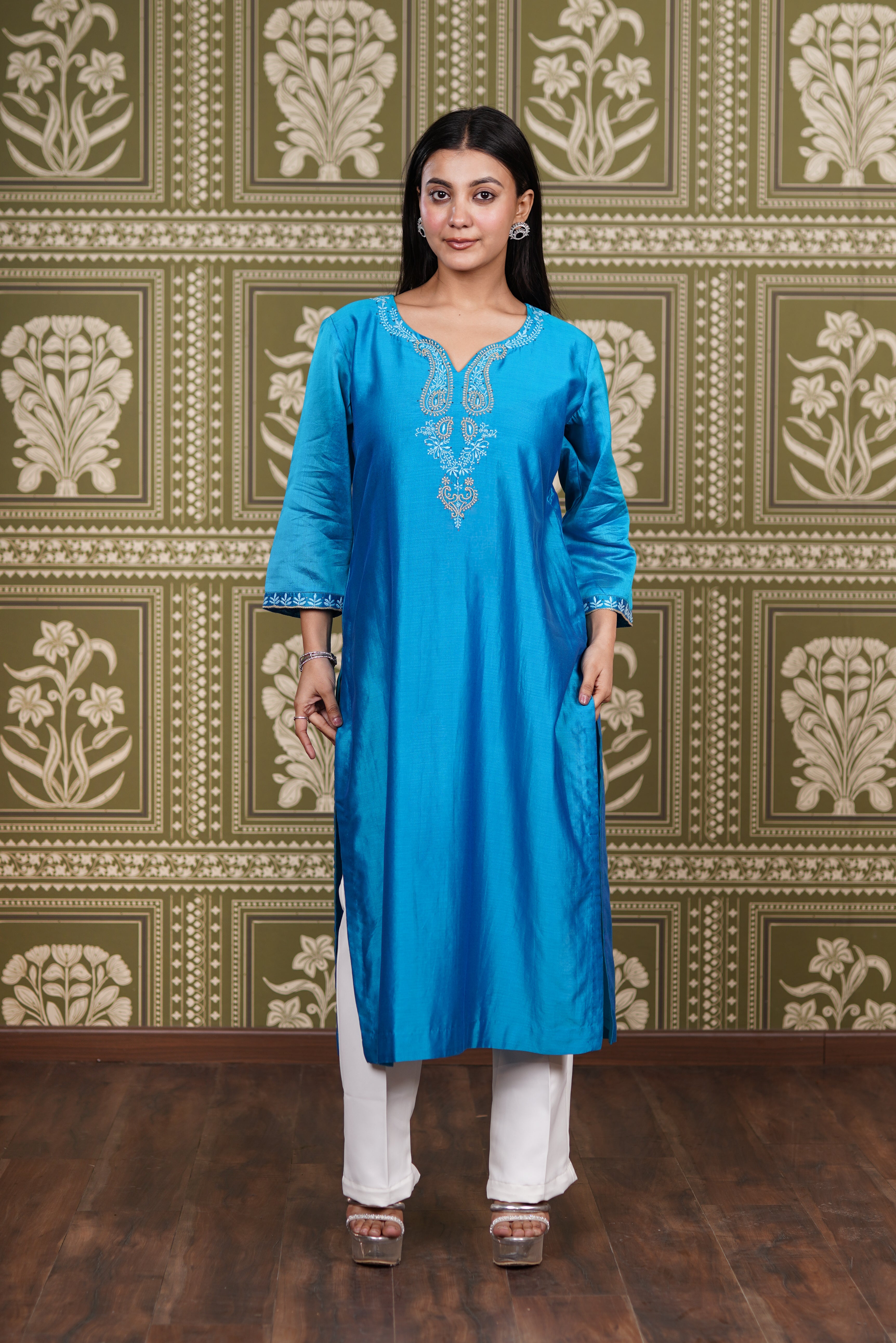 Azure Blue Chanderi Silk Straight Kurti