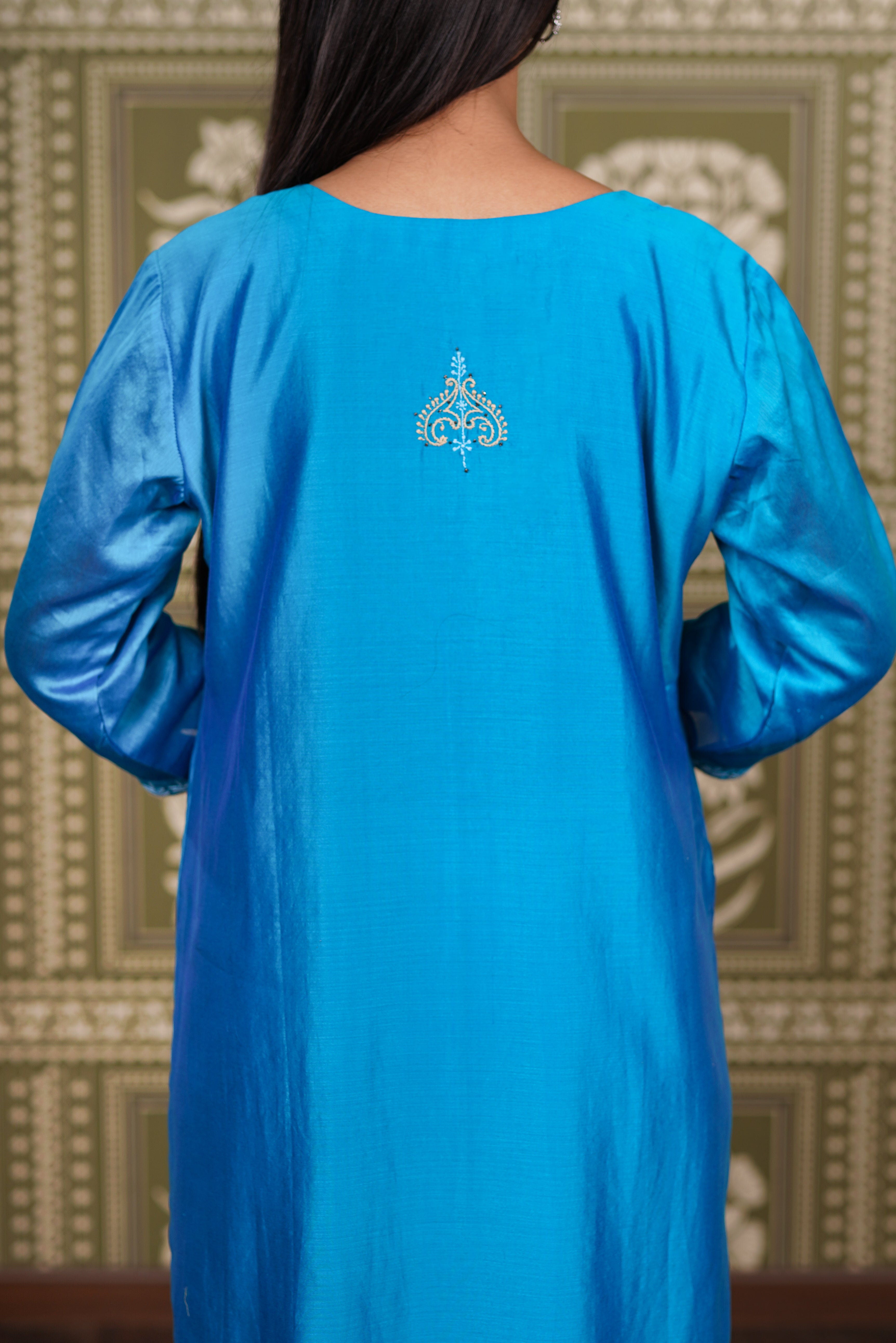 Azure Blue Chanderi Silk Straight Kurti
